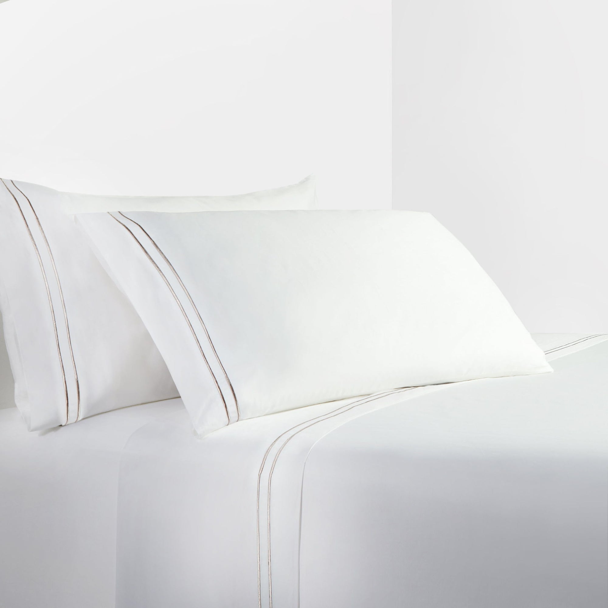 Stripe Sheet - King 350TC Embroidered Stripe Sheet Set (Set of 4) - White / Taupe
