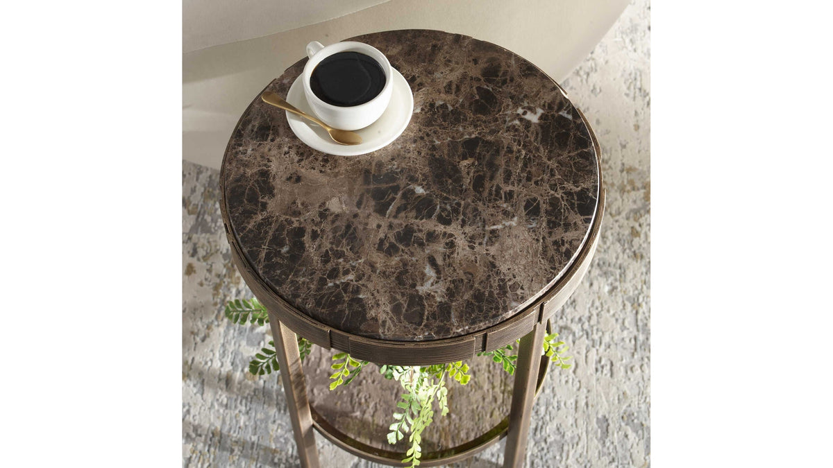 Cusano - Round Dark Marble Accent Table - Brass / Brown