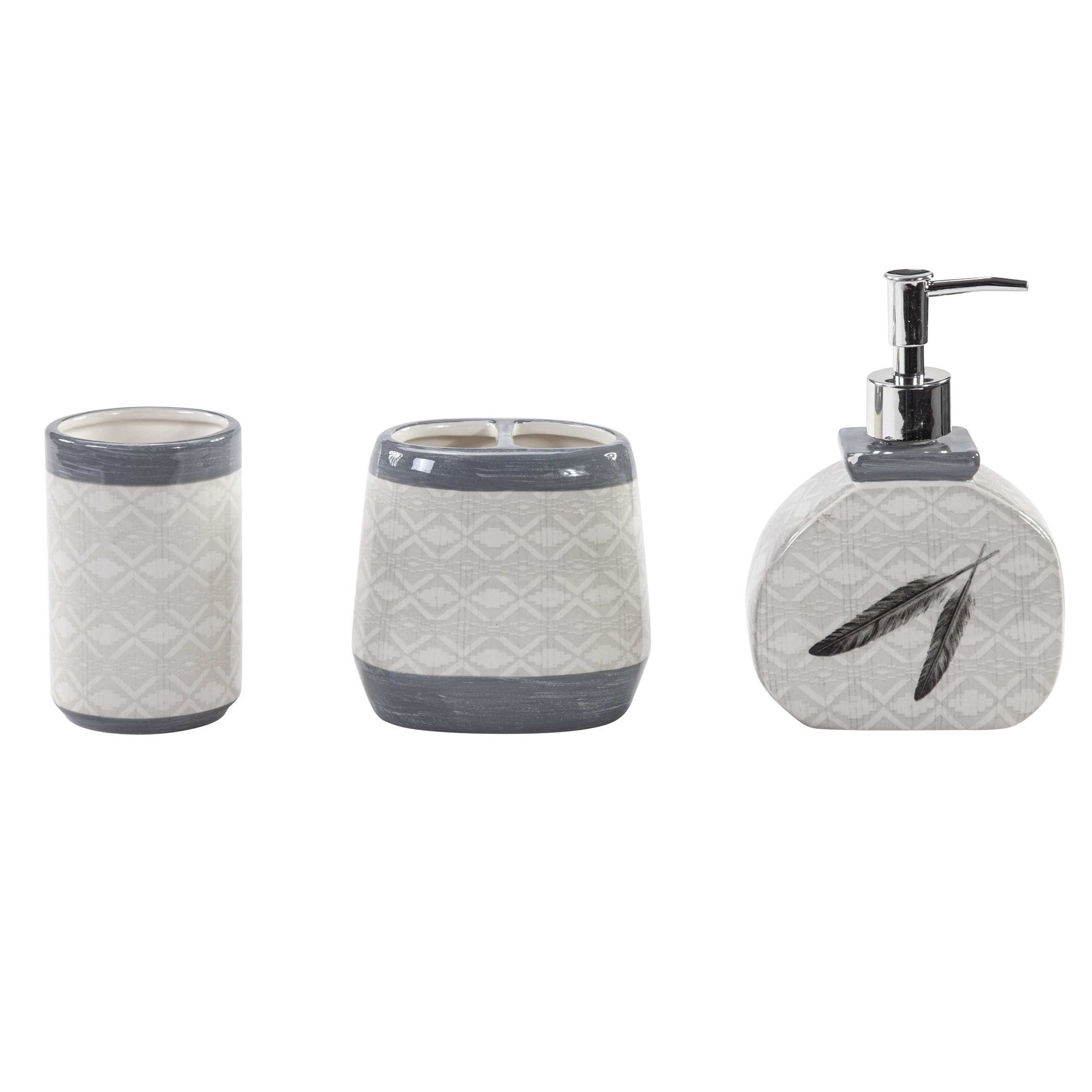 Tossed Feather - Feather Design Countertop Bathroom Set (Set of 3), 4 Per Carton - Cream / Gray