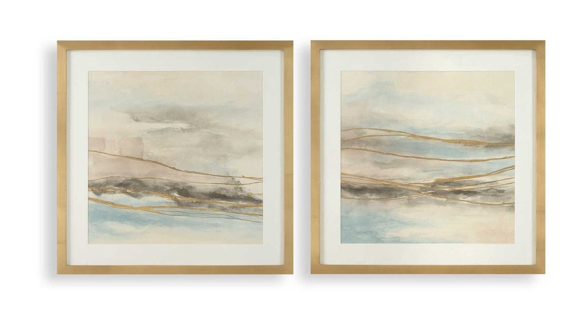So Golden - Abstract Landscape Prints Set of 2 - Black / Blue / Brass / Gold / Gray / Pink / White