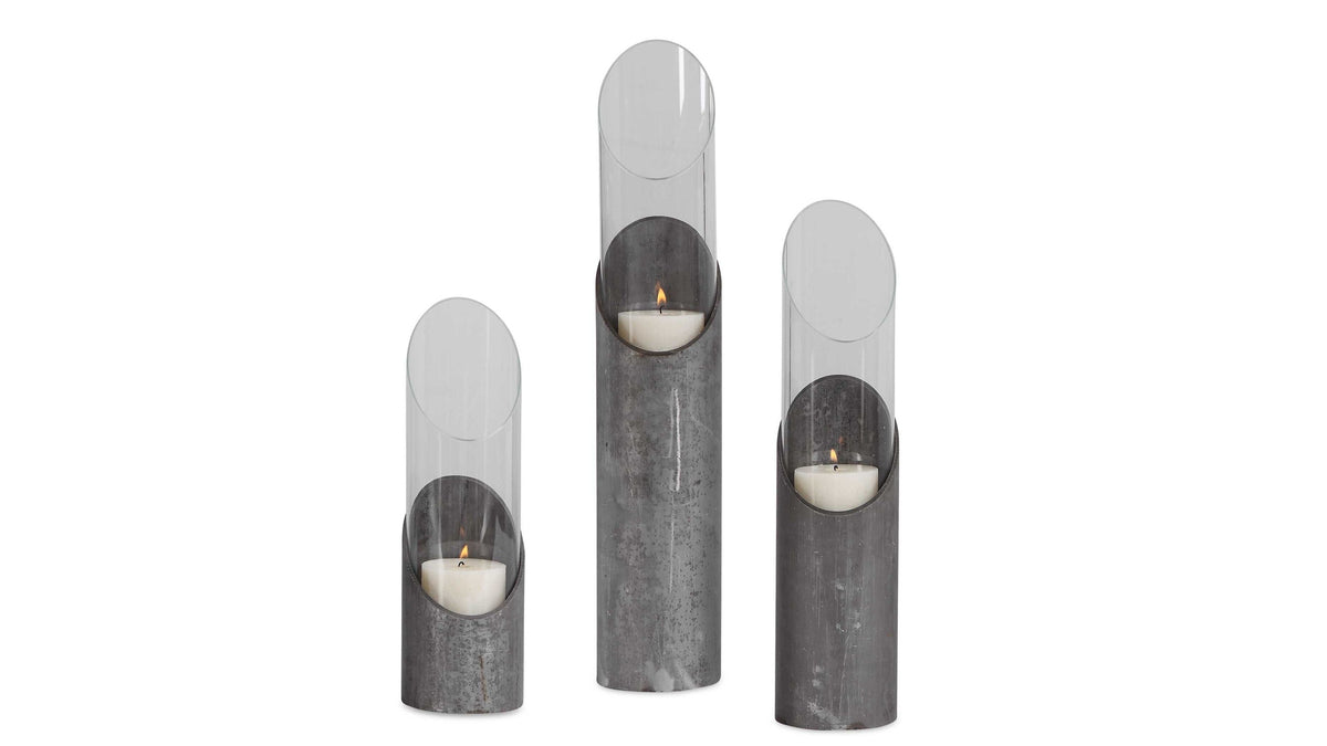 Karter - Iron &amp; Glass Candleholders (Set of 3) - Silver &amp; Dark Gray