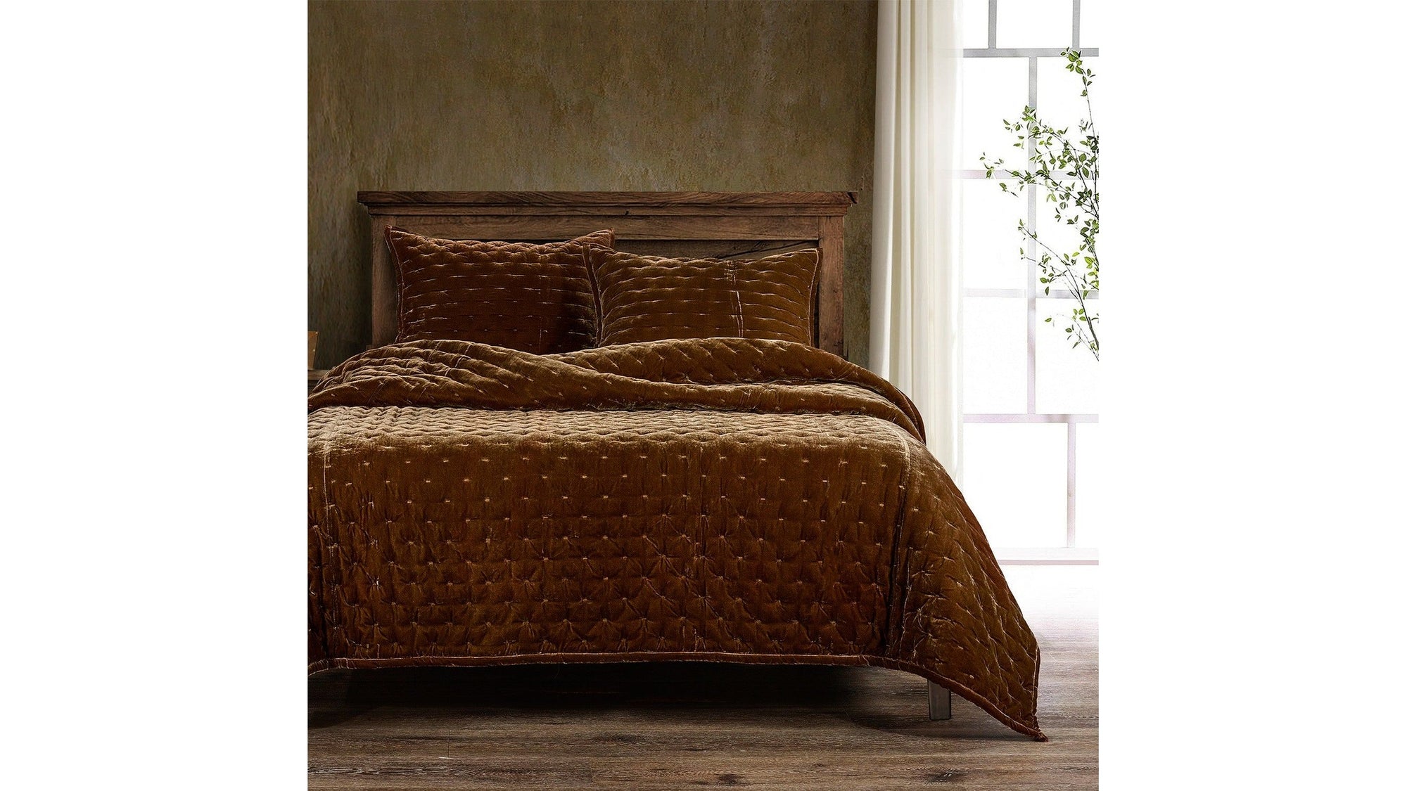 Stella - King Faux Silk Velvet Pintuck Quilt Set Set of 3 - Copper Brown