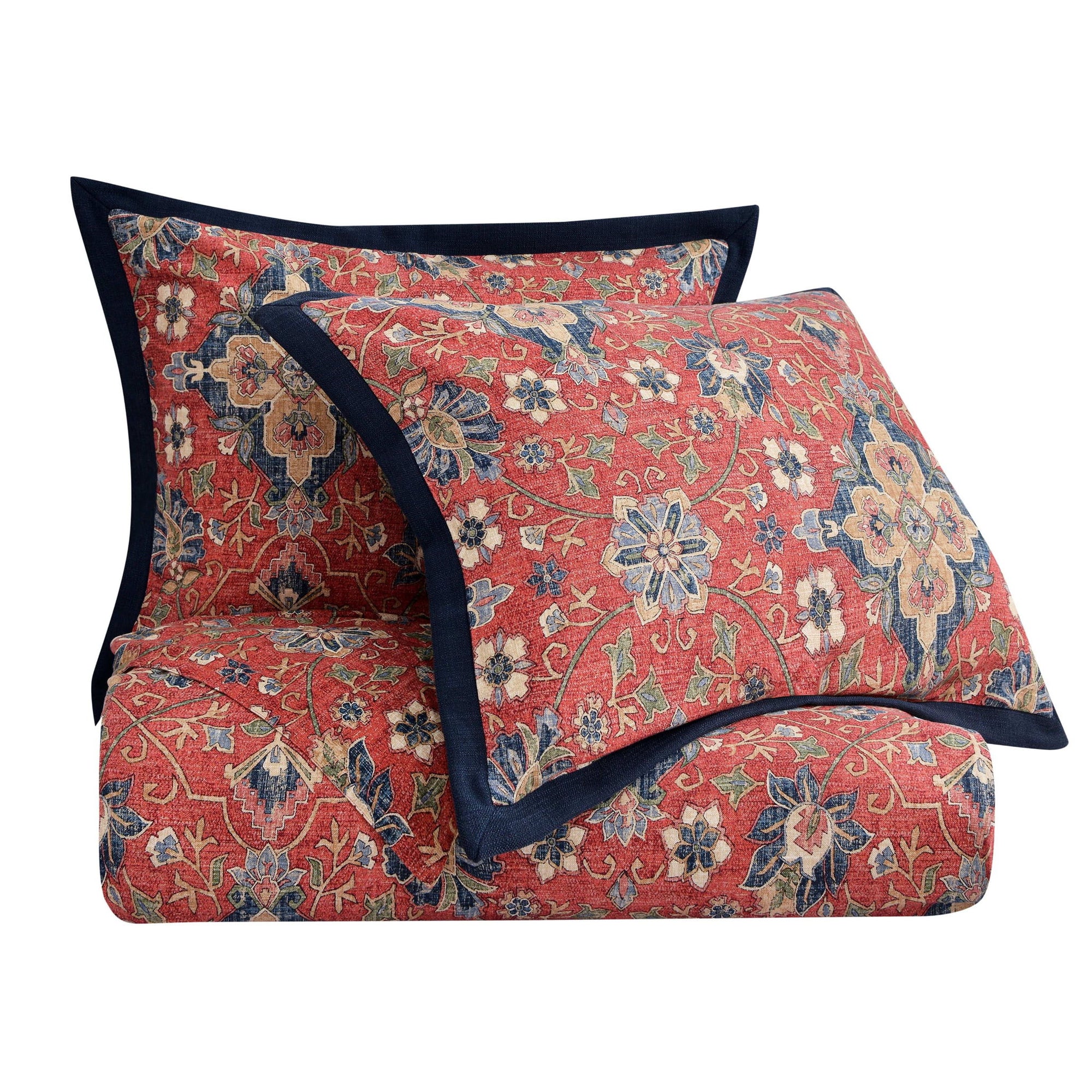 Melinda - King Washed Linen Comforter Set (Set of 3) - Red / Navy