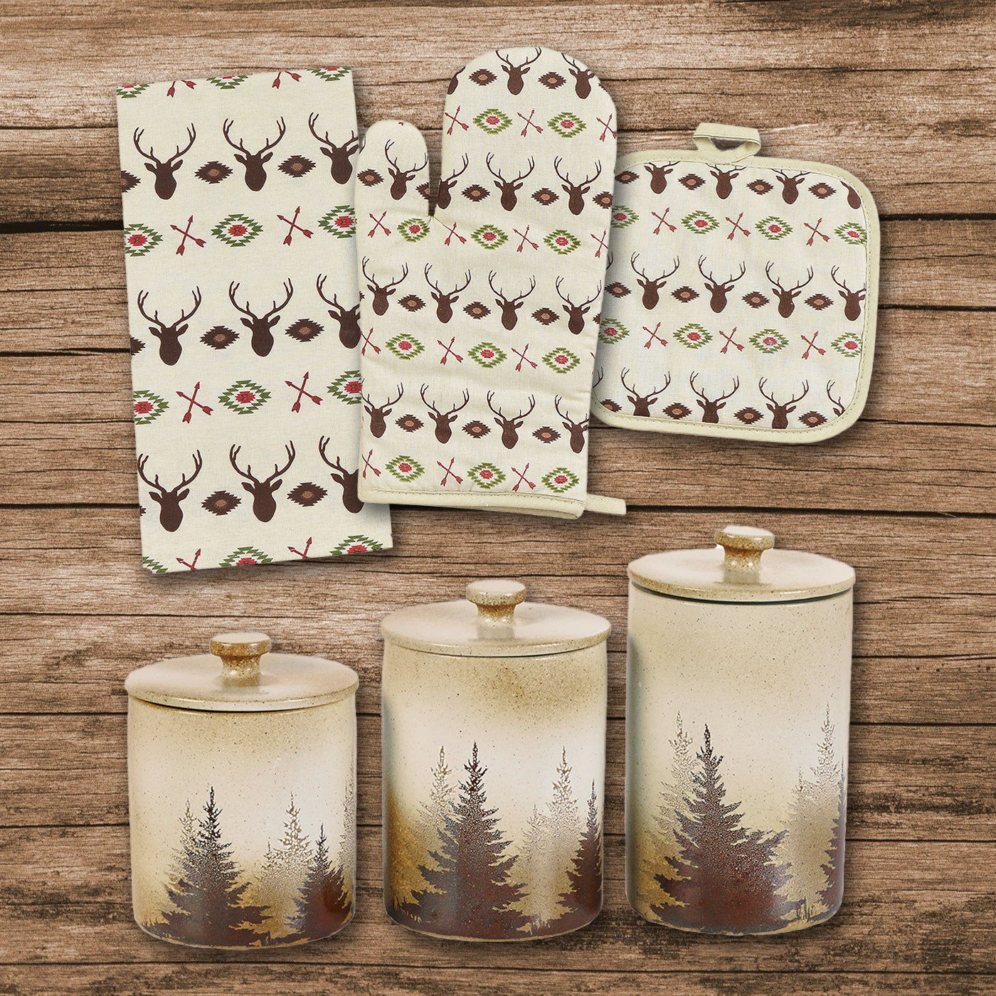 Aztec Bear - Aztec Multi Deer Print &amp; Clearwater Pines Set (Set of 13) - Cream / Brown