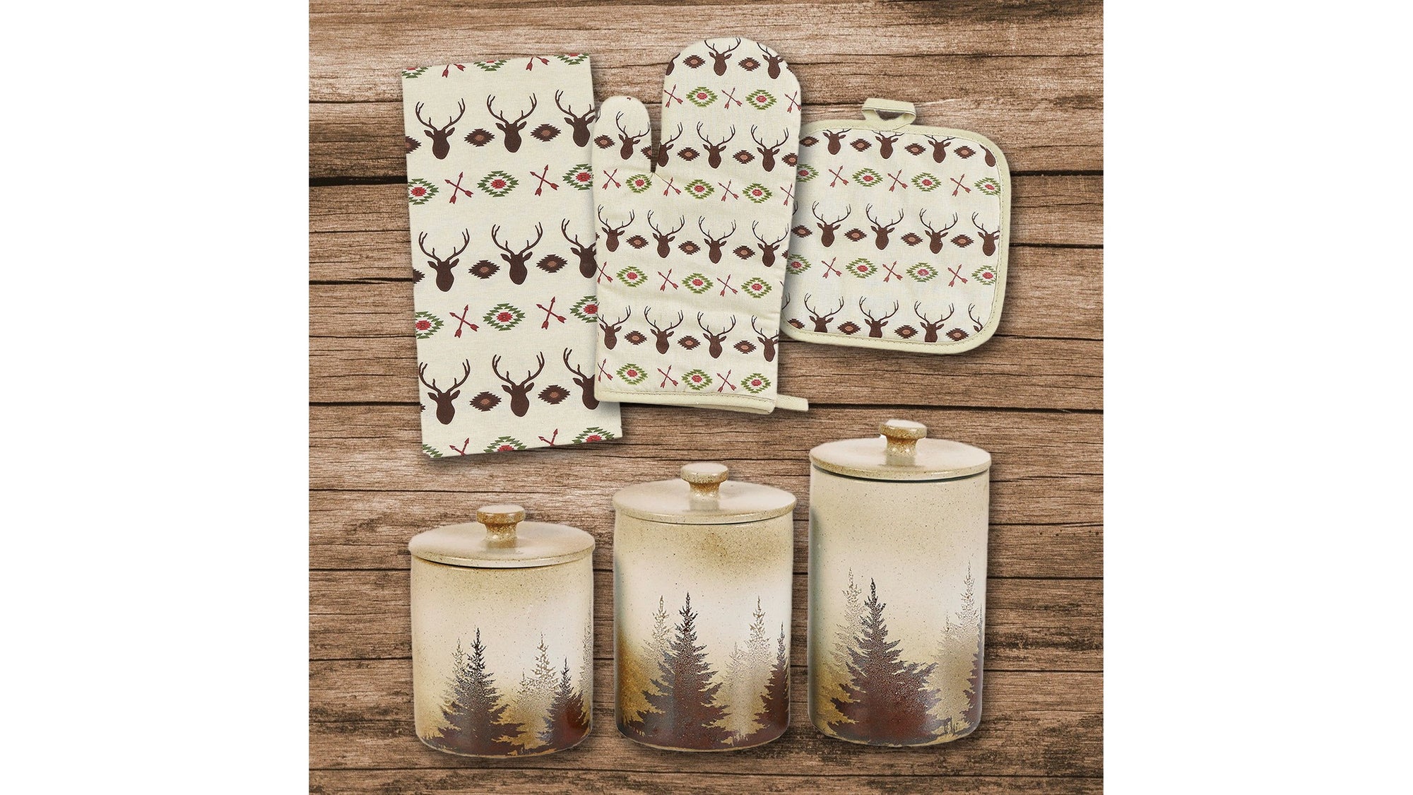 Aztec Bear - Aztec Multi Deer Print & Clearwater Pines Set Set of 13 - Cream / Brown