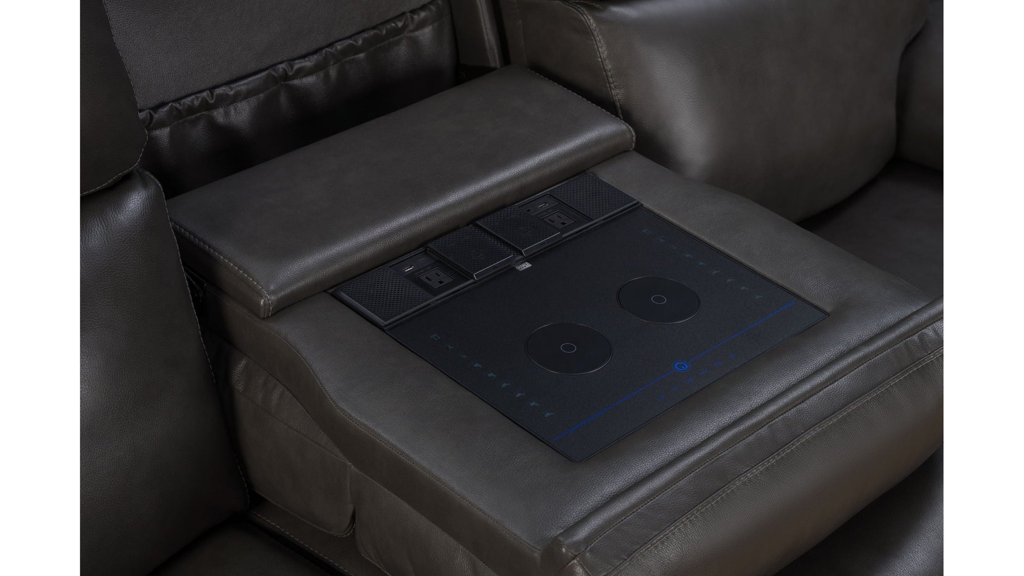 Leon - Power Sofa Recliner With Power Headrest, Power Lumbar, Heat And Massage Dropdown Table With Smart Tabletop Control - Smokey Gray