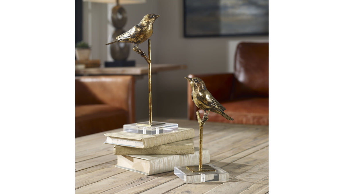 Passerines - Bird Sculptures Set of 2 - Light Brown