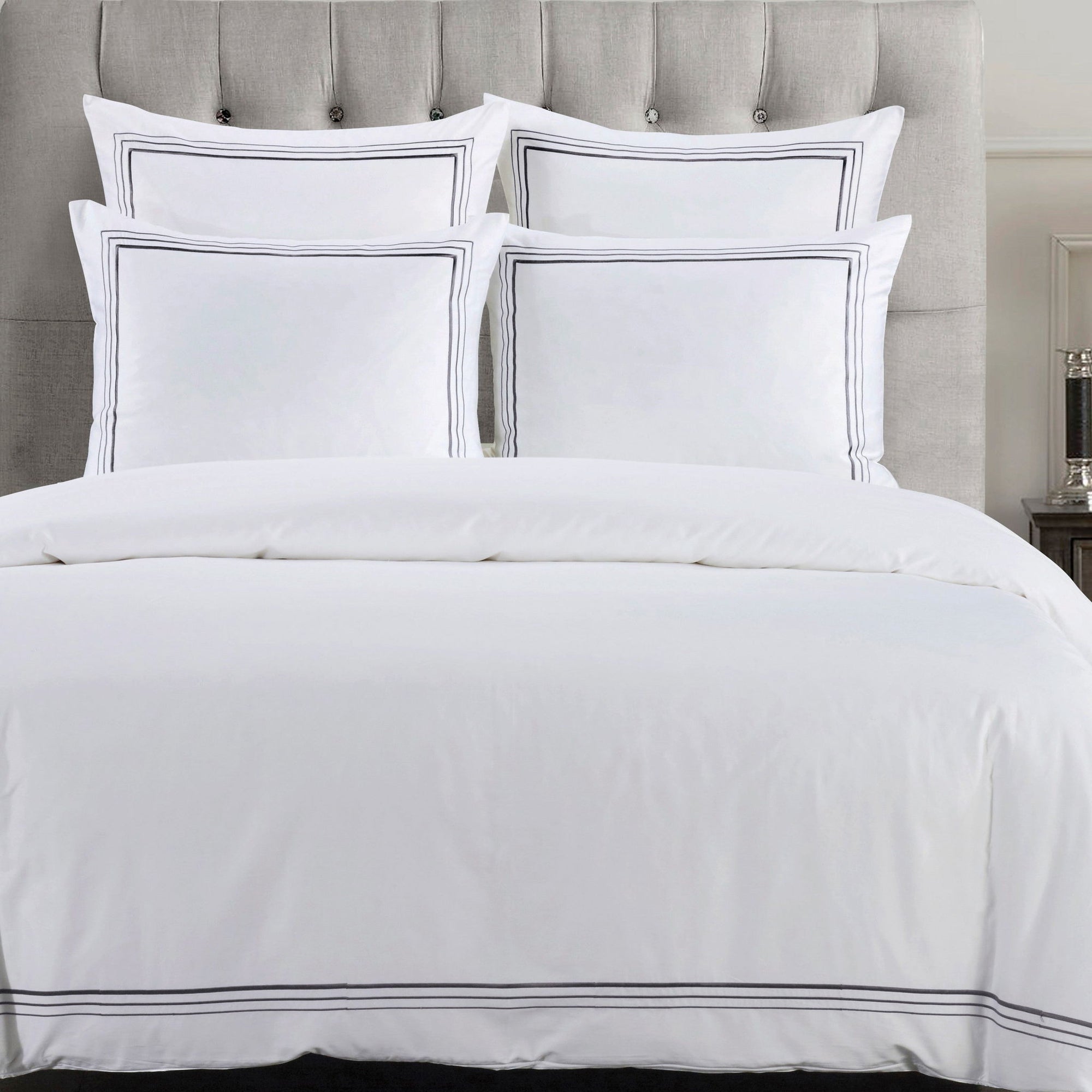 Border Embroidery - King Duvet Cover Set (Set of 3) - Gray
