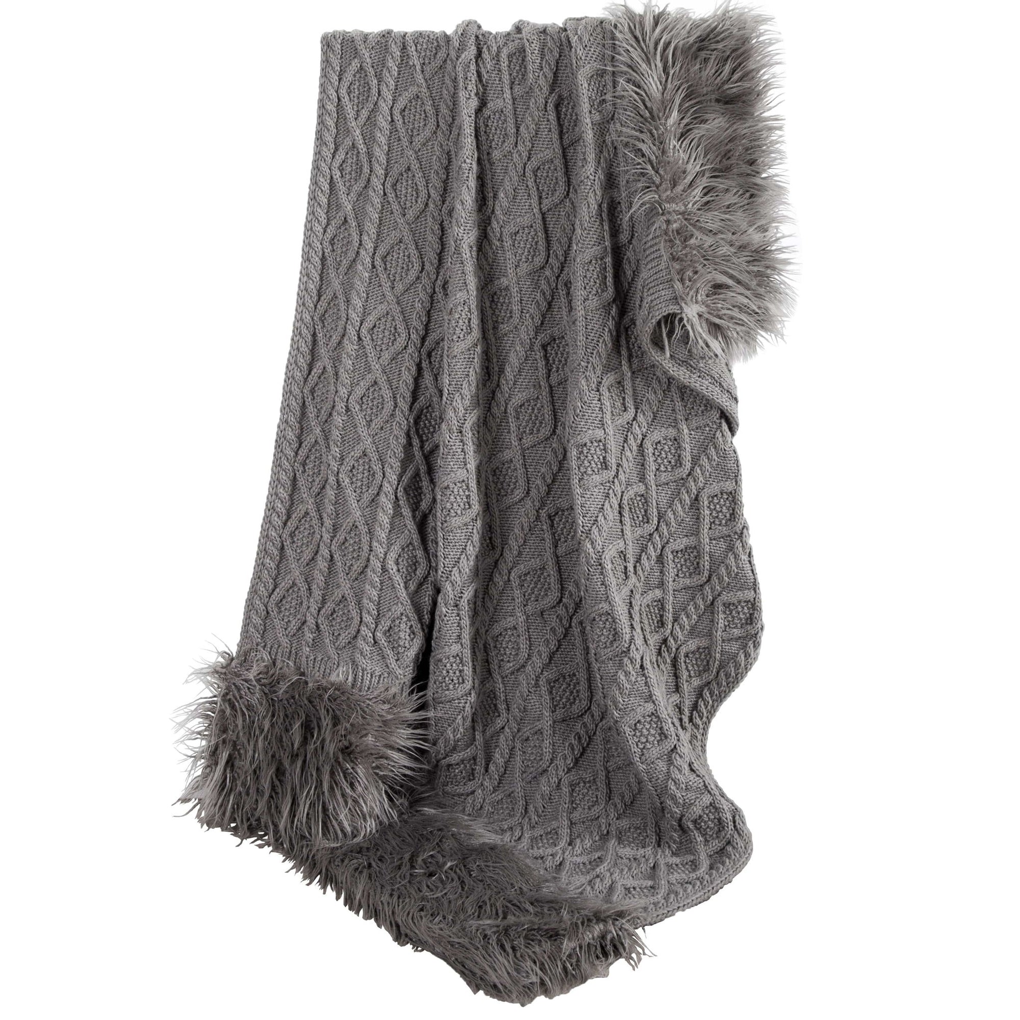 Nordic - Cable Knit &amp; Mongolian Fur Oversized Throw Blanket - Gray
