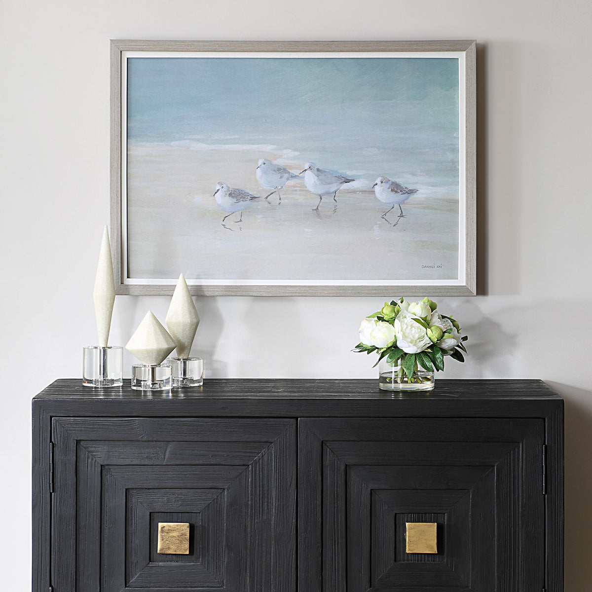 Tranquil Shorebirds On The Sand - Framed Print - Light Gray