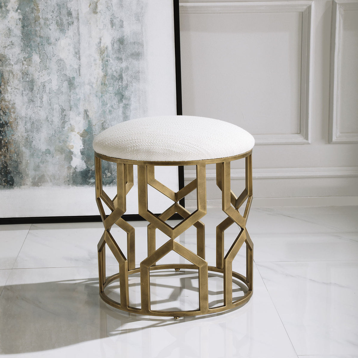 Trellis - Geometric Accent Stool - White &amp; Gold