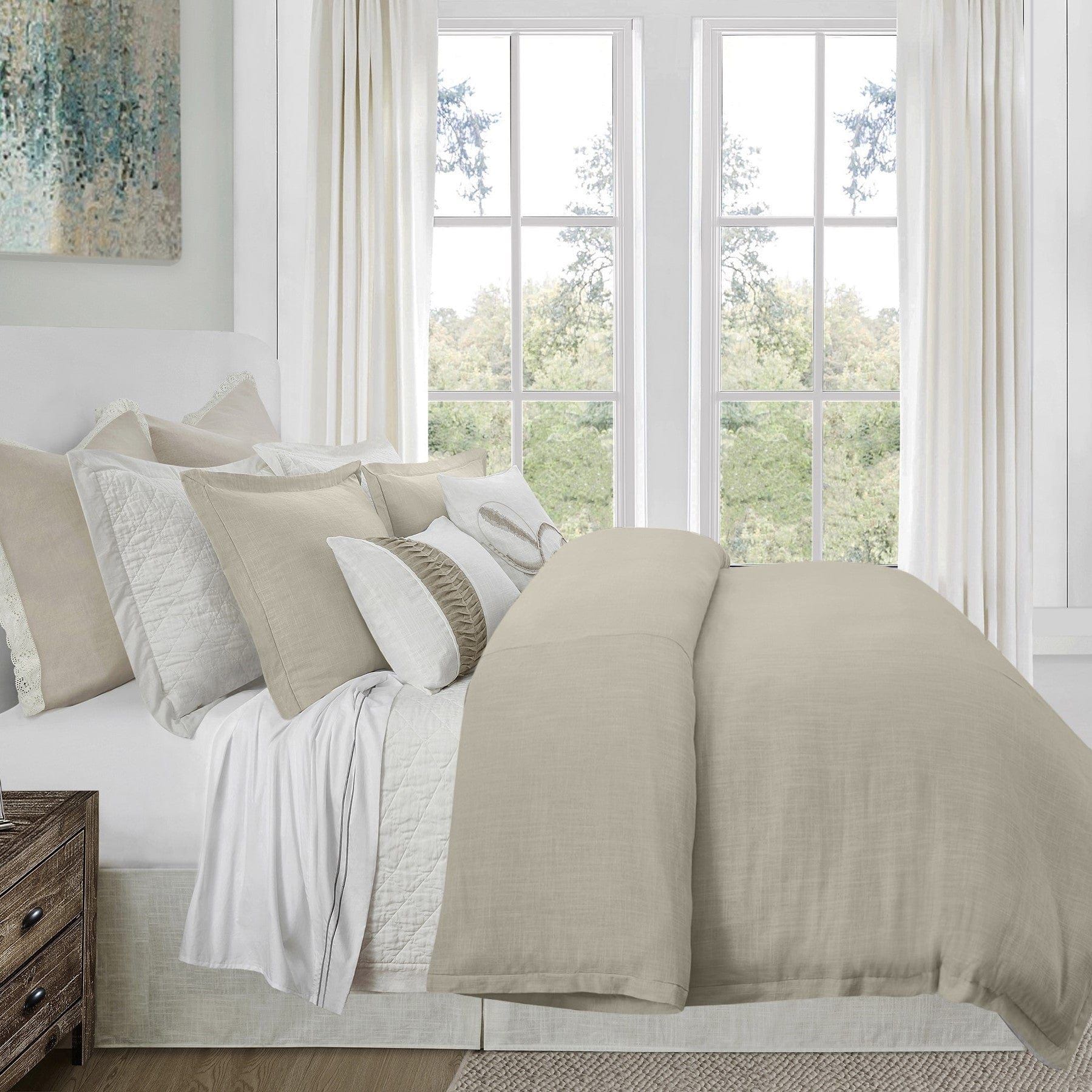 Hera - King Washed Linen Flange Duvet Cover Set (Set of 3) - Light Tan