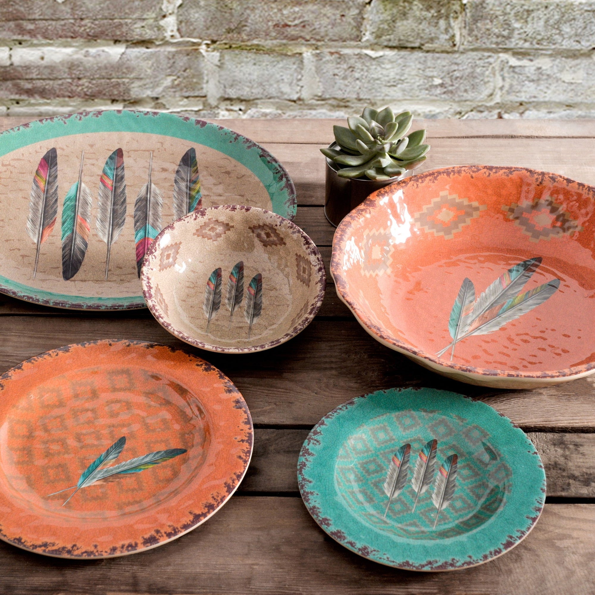 Tossed Feather - Feather Melamine Dinnerware Set (Set of 14), 2 Per Carton - Orange / Blue