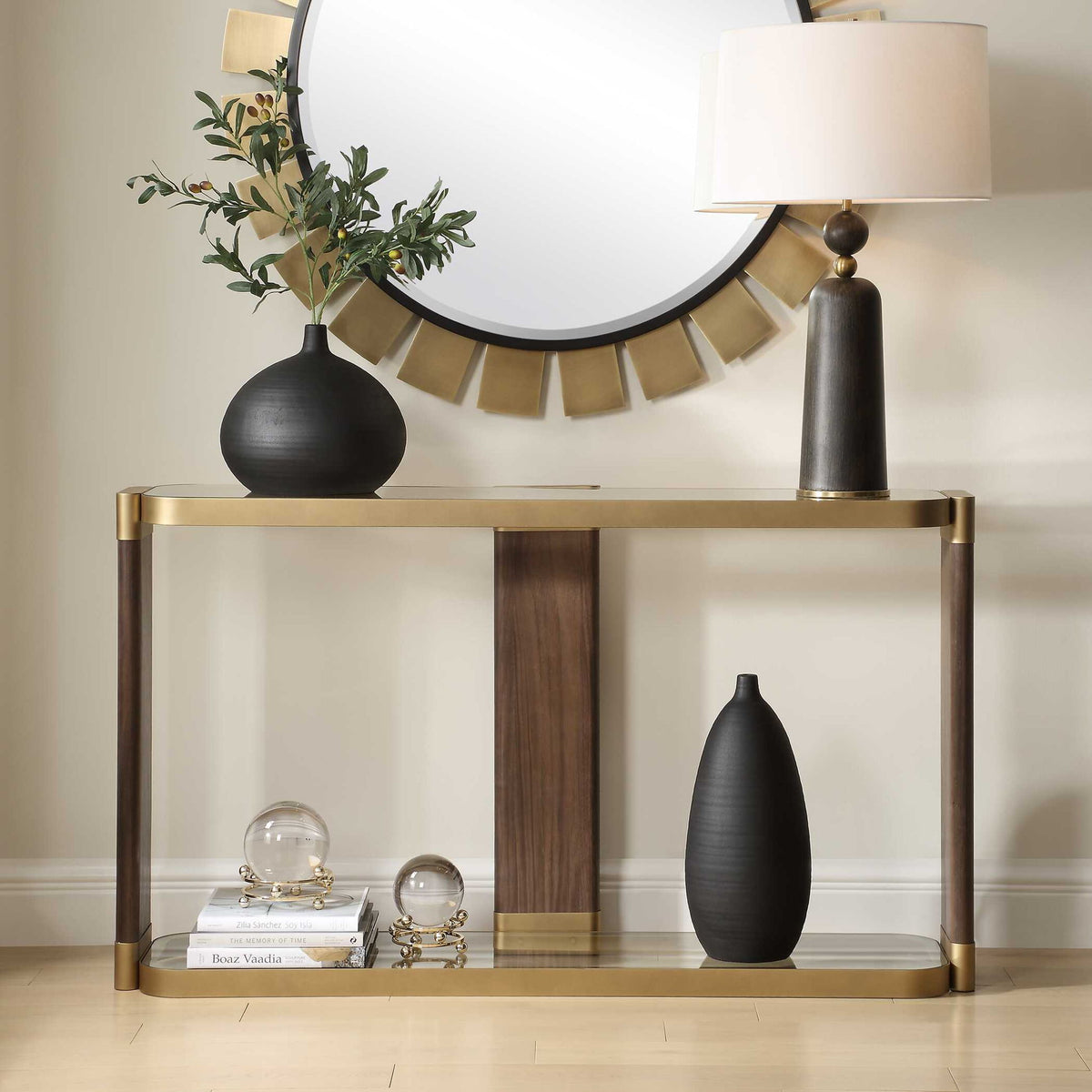 Ryles - Glass Console Table - Brass / Brown / Woodtone