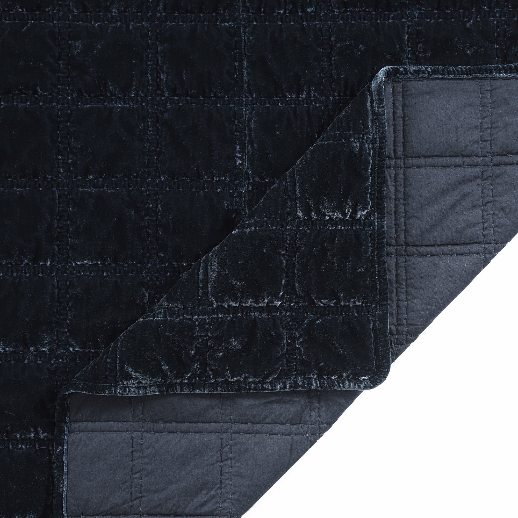 Stella - Full/Queen Faux Silk Velvet Double Box Stitch Quilt Set (Set of 3) - Midnight Blue