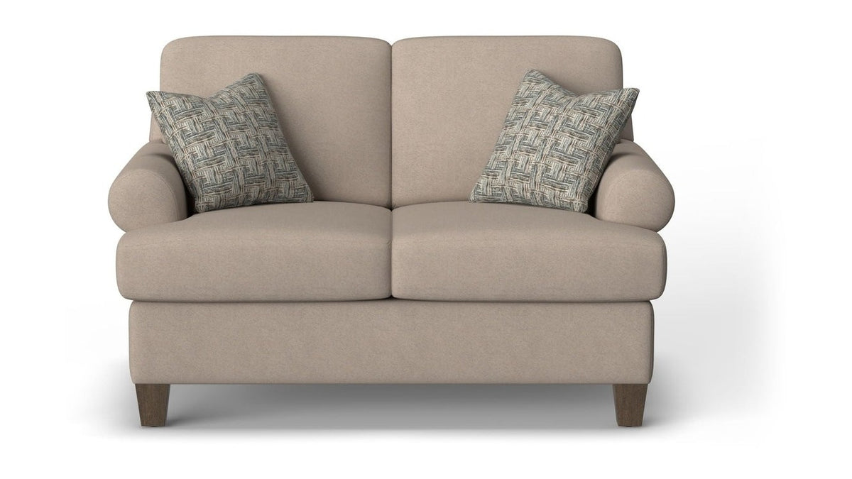 Moxy - Fabric Loveseat, T-Shaped Seat Cushion, Curved Sock Arms