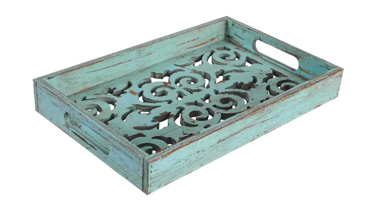 Turquoise - Wooden Decorative Scroll Carved Tray 2 Per Carton - Turquoise
