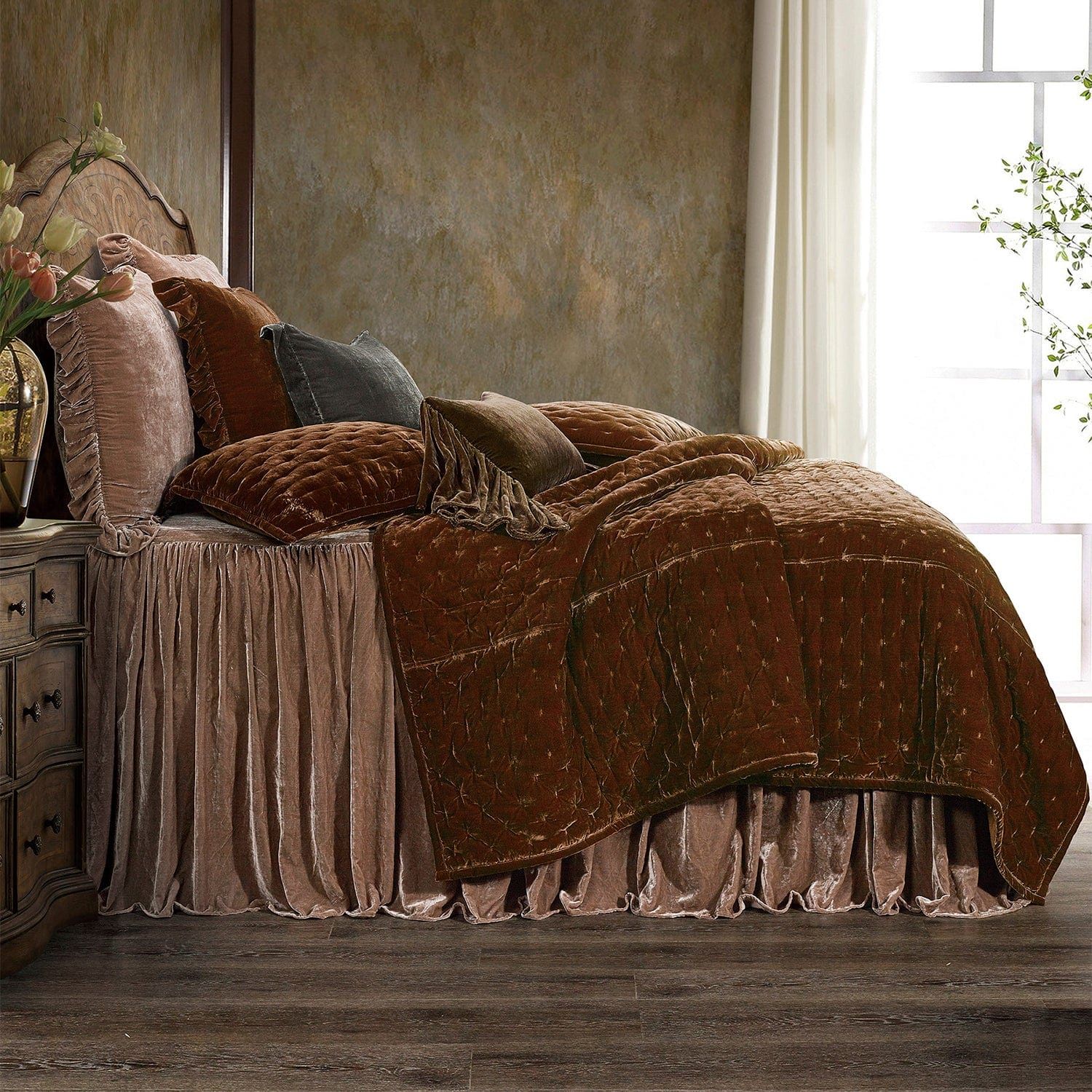 Stella - Twin Faux Silk Velvet Pintuck Quilt - Copper Brown