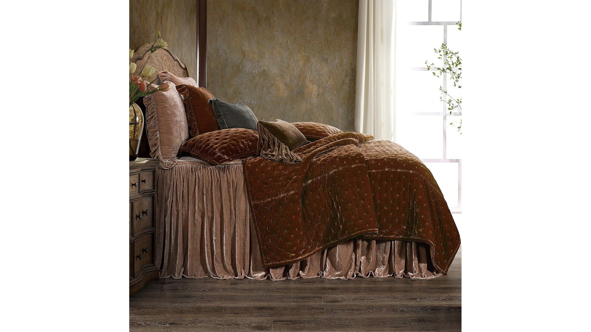 Stella - Twin Faux Silk Velvet Pintuck Quilt - Copper Brown