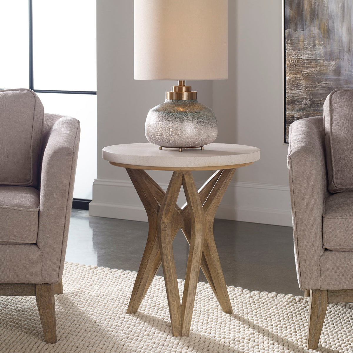 Marnie - Limestone Side Table - White &amp; Light Brown