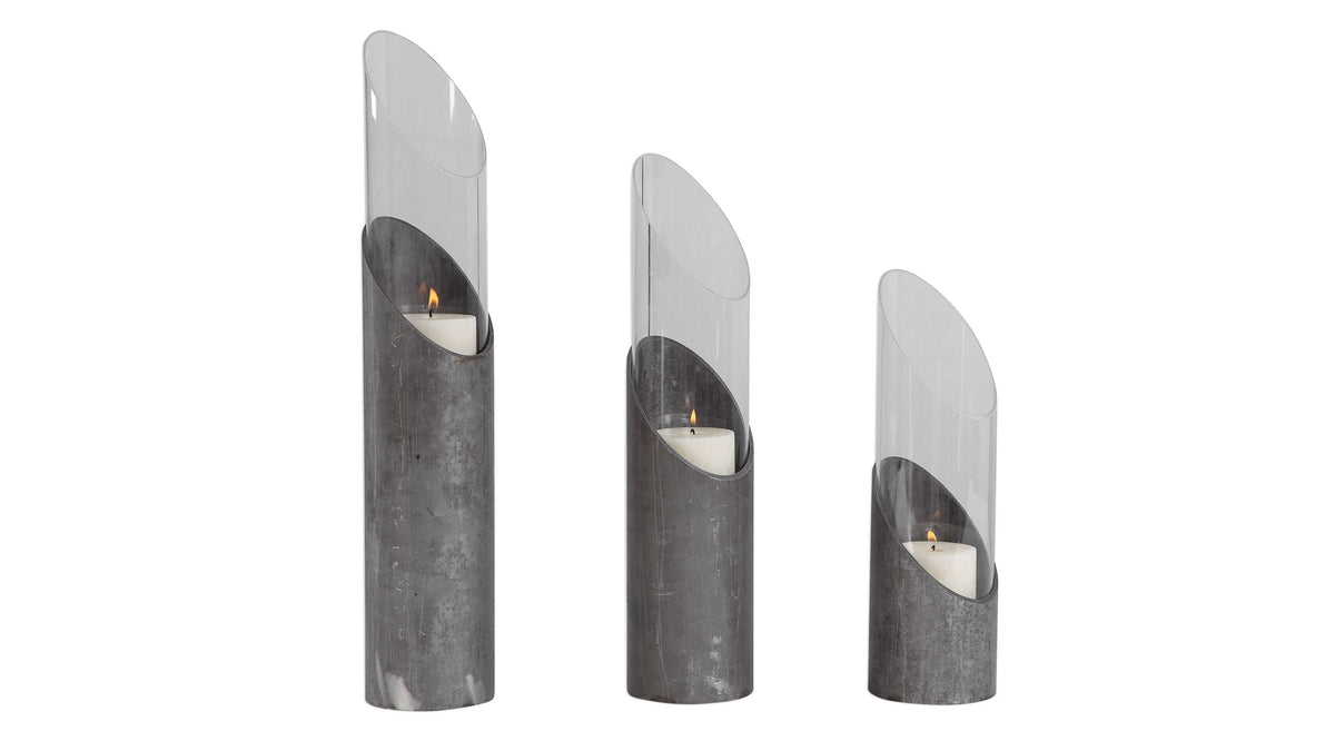 Karter - Iron &amp; Glass Candleholders (Set of 3) - Silver &amp; Dark Gray