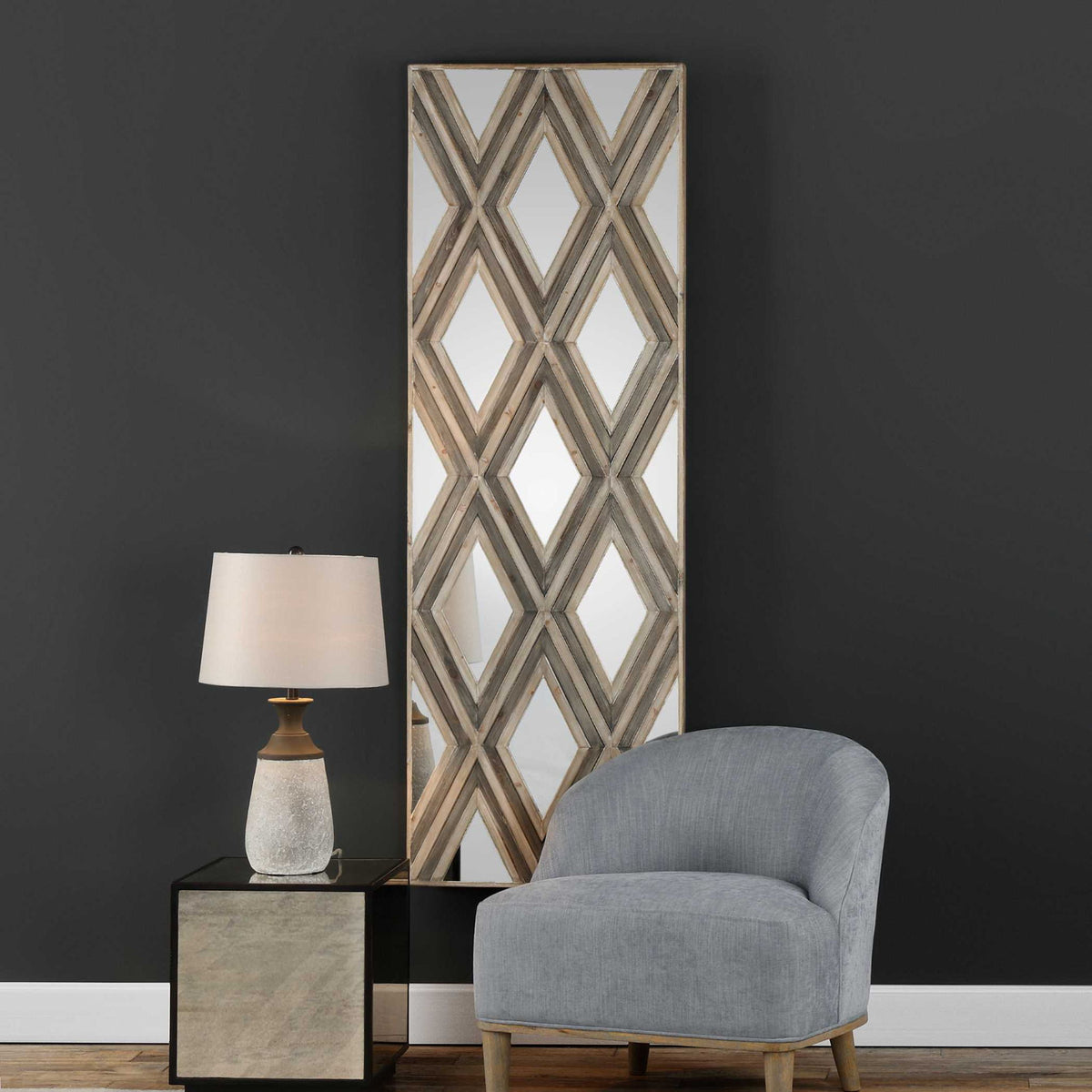 Tahira - Geometric Argyle Pattern Wall Mirror - Light Brown