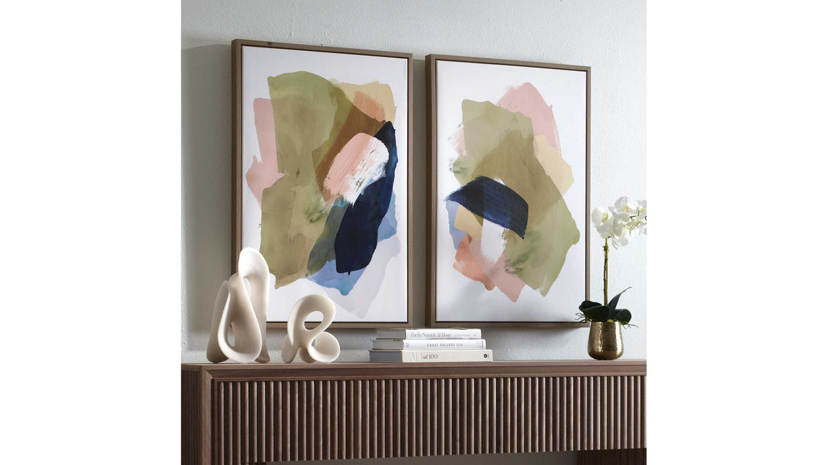 Abstract Afternoon - Framed Canvases (Set of 2) - Blue / Green / Pink / White / Woodtone / Yellow