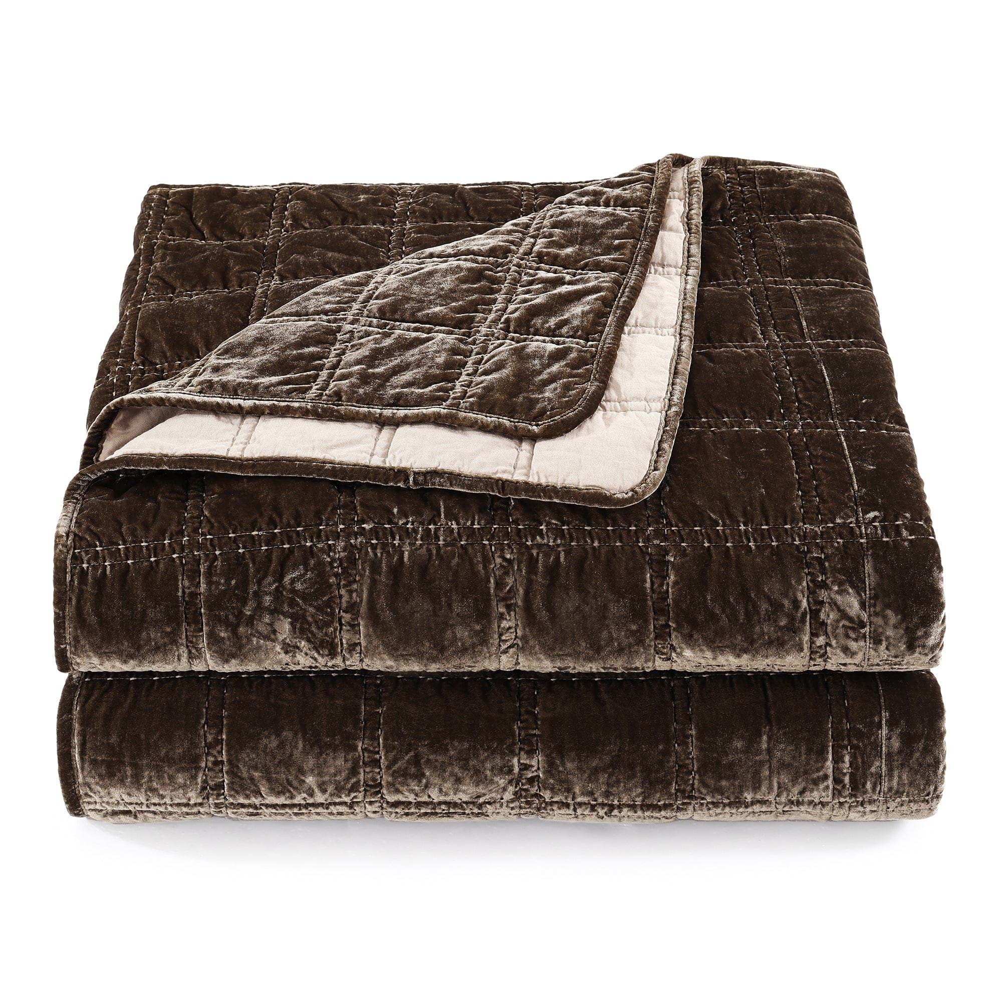Stella - Full/Queen Faux Silk Velvet Double Box Stitch Quilt Set (Set of 3) - Green Ochre
