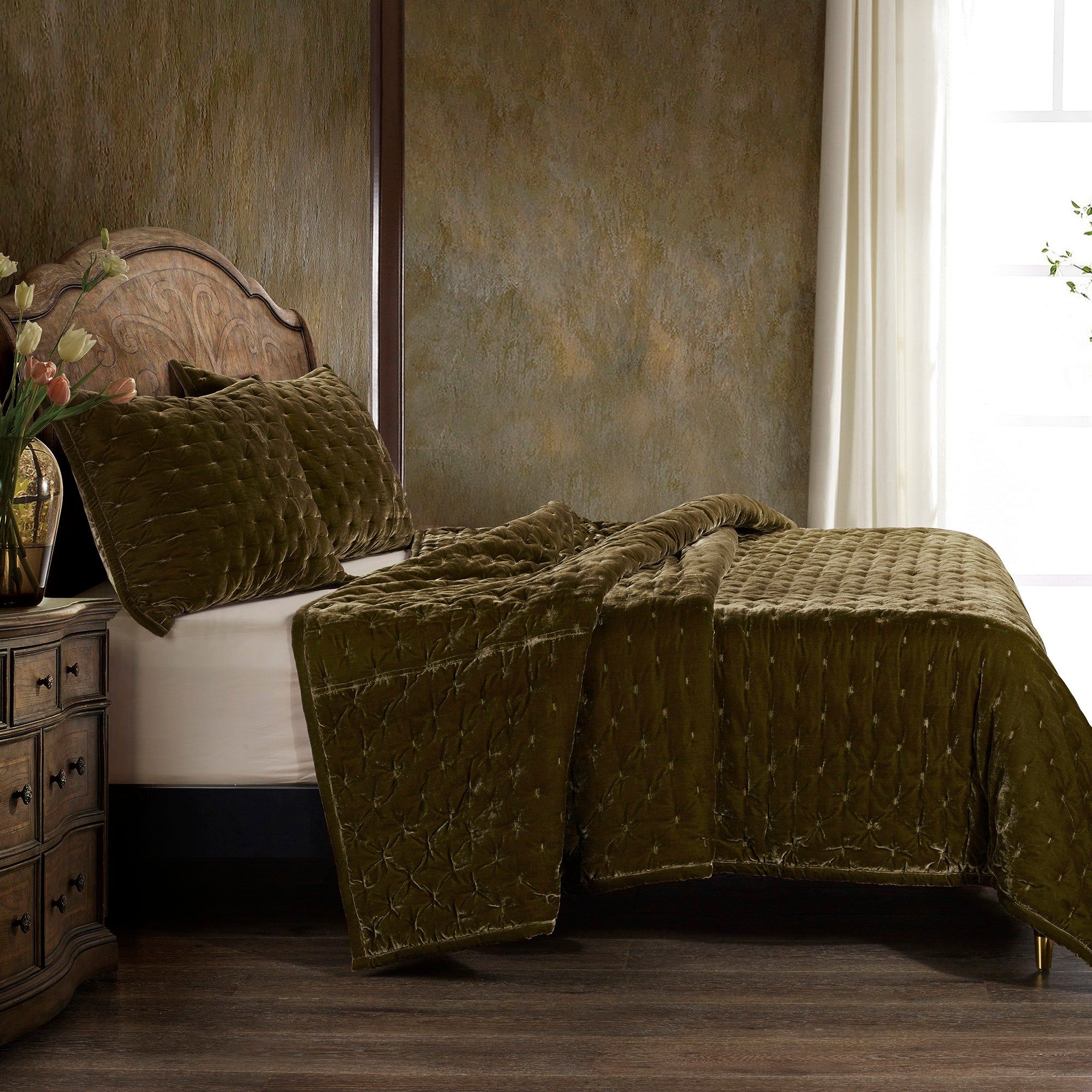 Stella - King Faux Silk Velvet Pintuck Quilt Set (Set of 3) - Green Ochre