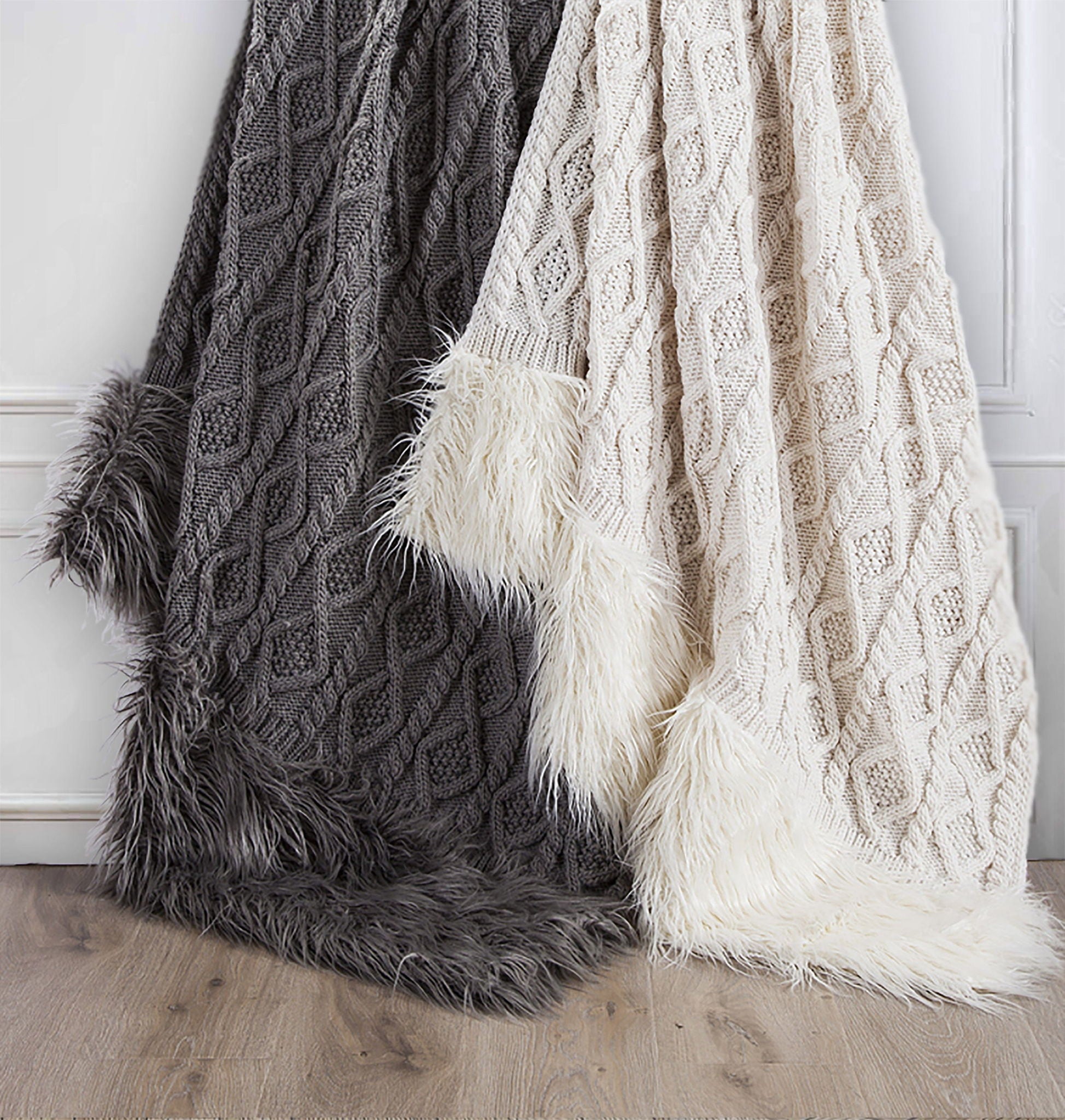 Nordic - Cable Knit &amp; Mongolian Fur Oversized Throw Blanket - Gray