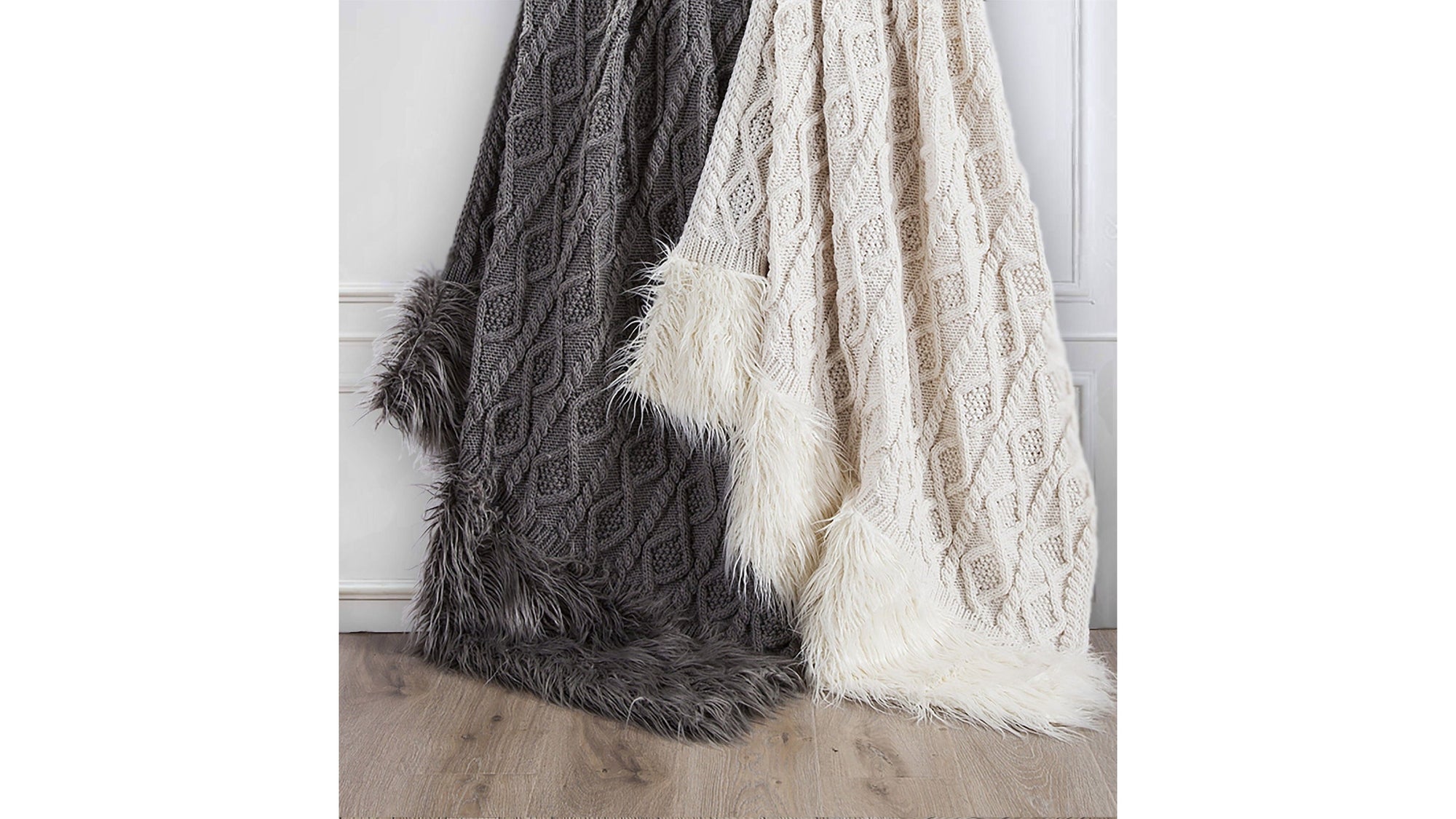 Nordic - Cable Knit &amp; Mongolian Fur Oversized Throw Blanket - Gray