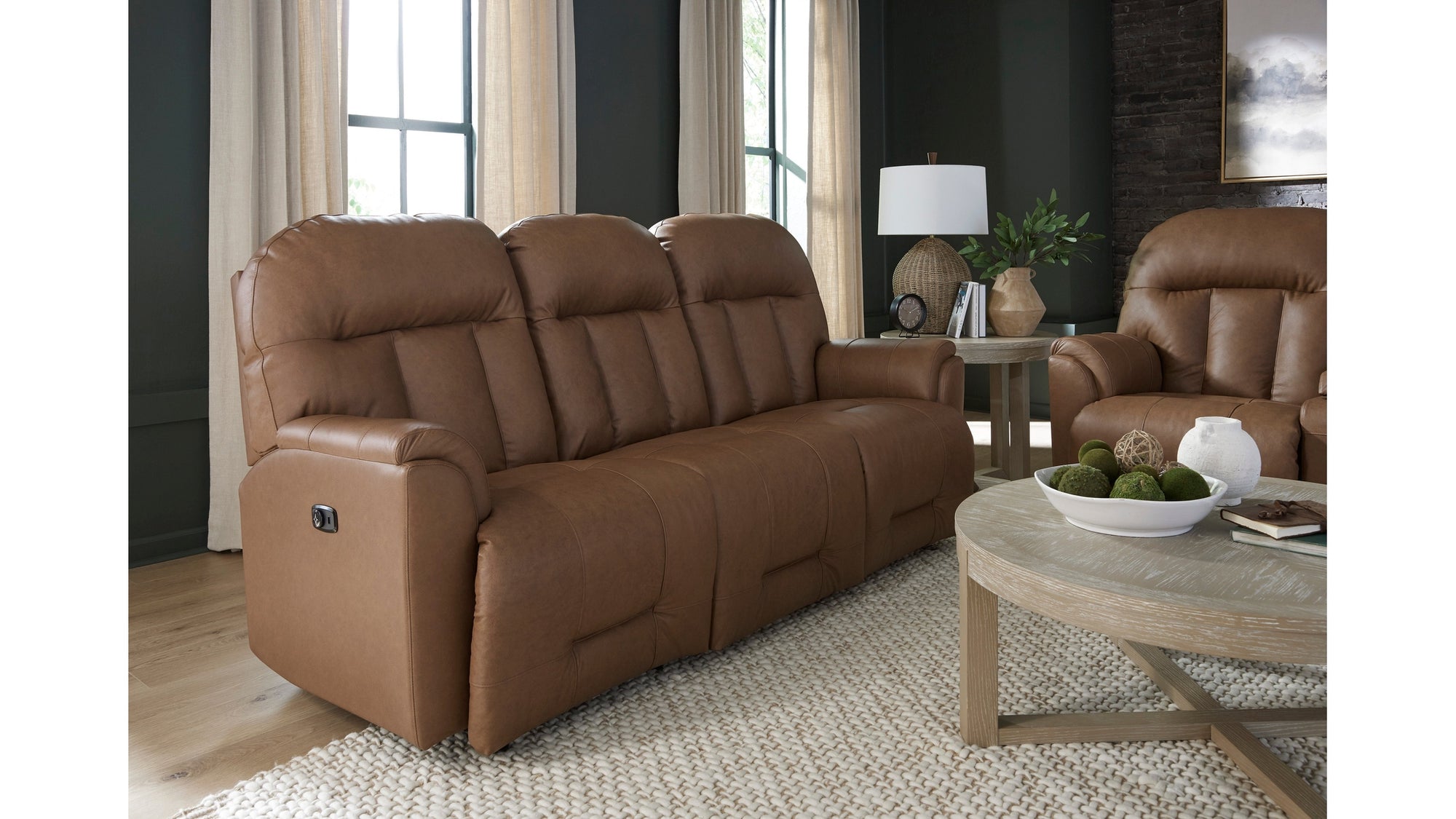 Suitably Reclining Sofa With Overstuffed Pillow Back Design