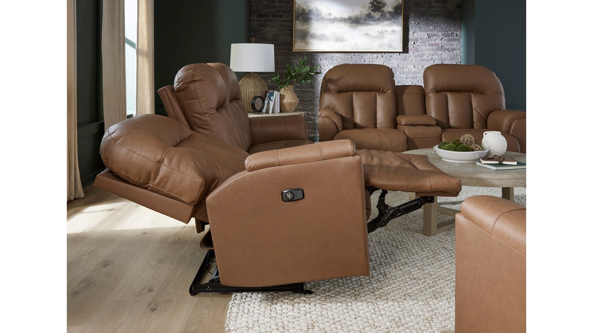 Suitably Reclining Sofa With Overstuffed Pillow Back Design