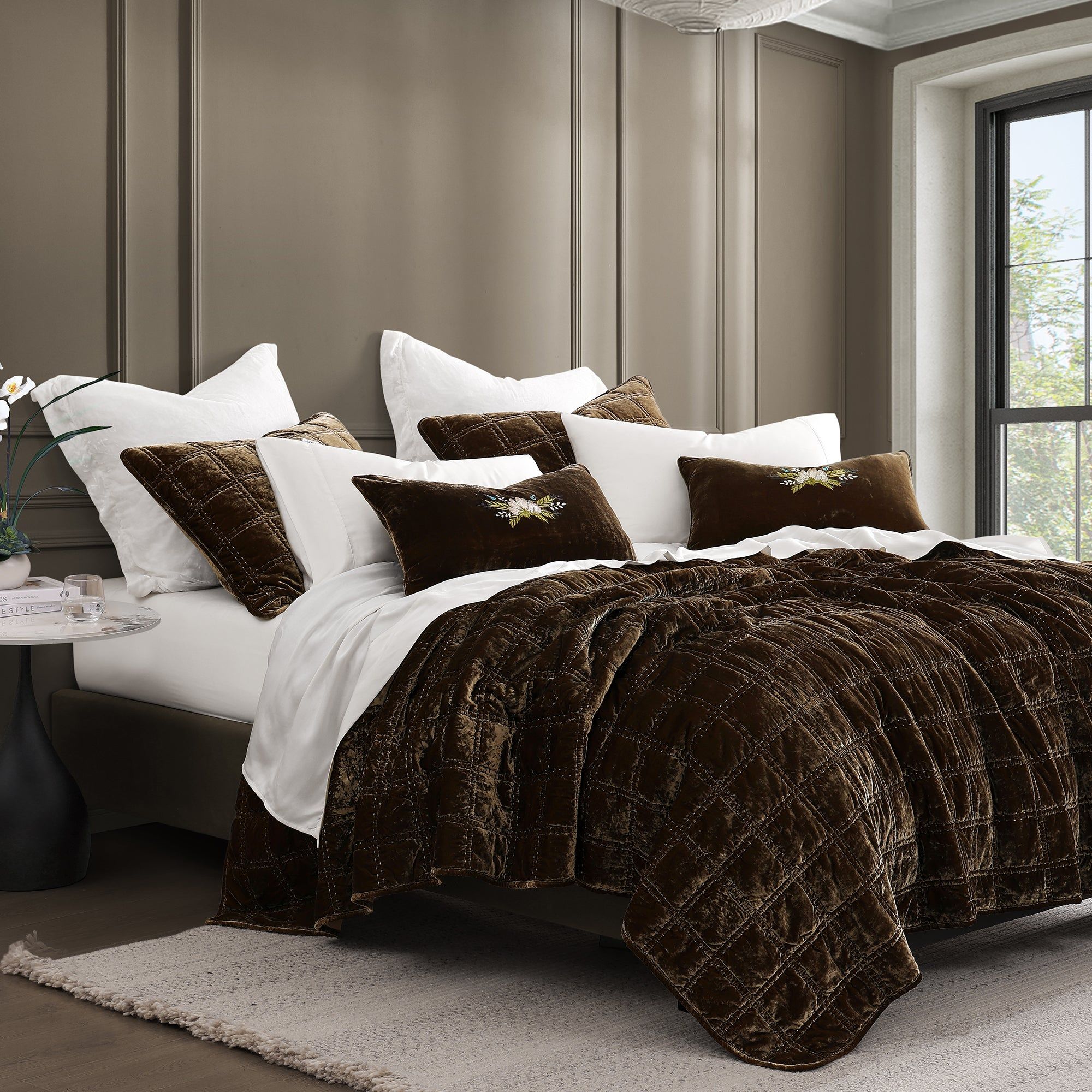 Stella - Full/Queen Faux Silk Velvet Double Box Stitch Quilt Set (Set of 3) - Green Ochre