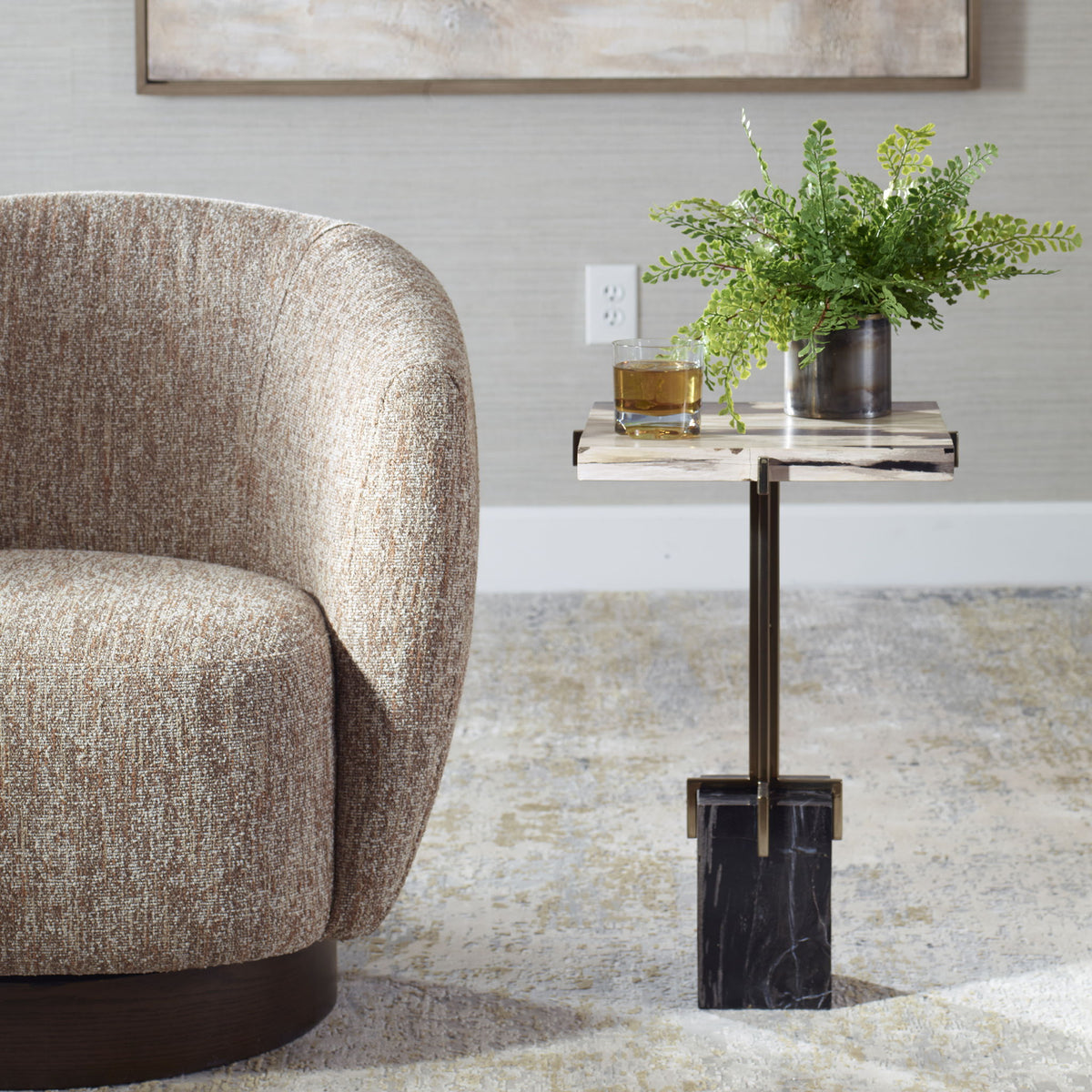 Rowman - Petrified Wood Accent Table - Bronze