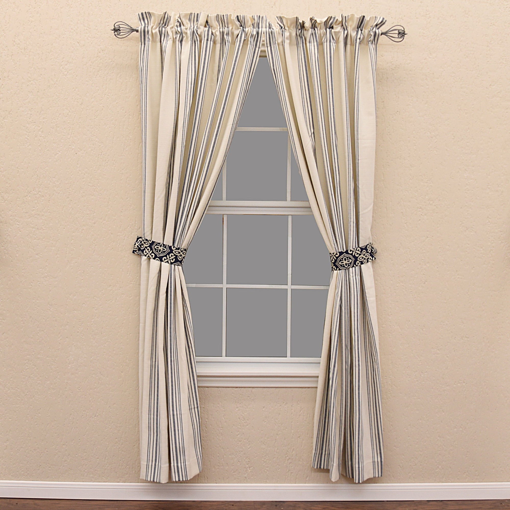 St. Clair - Striped Curtain Set (Set of 2) - White &amp; Navy