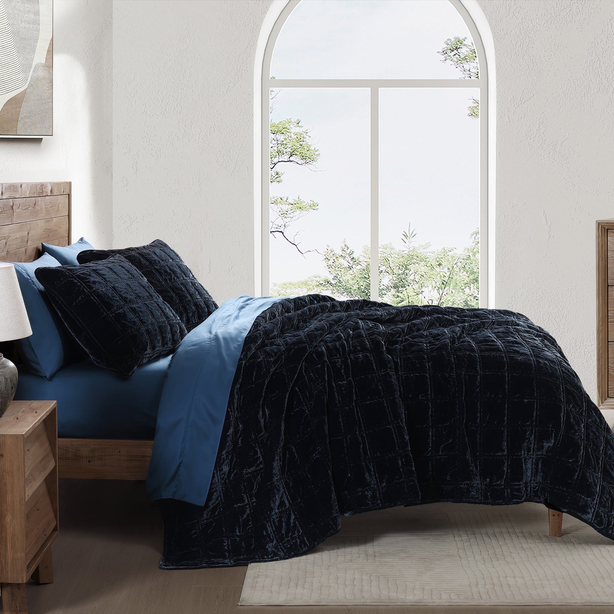 Stella - Full/Queen Faux Silk Velvet Double Box Stitch Quilt Set (Set of 3) - Midnight Blue