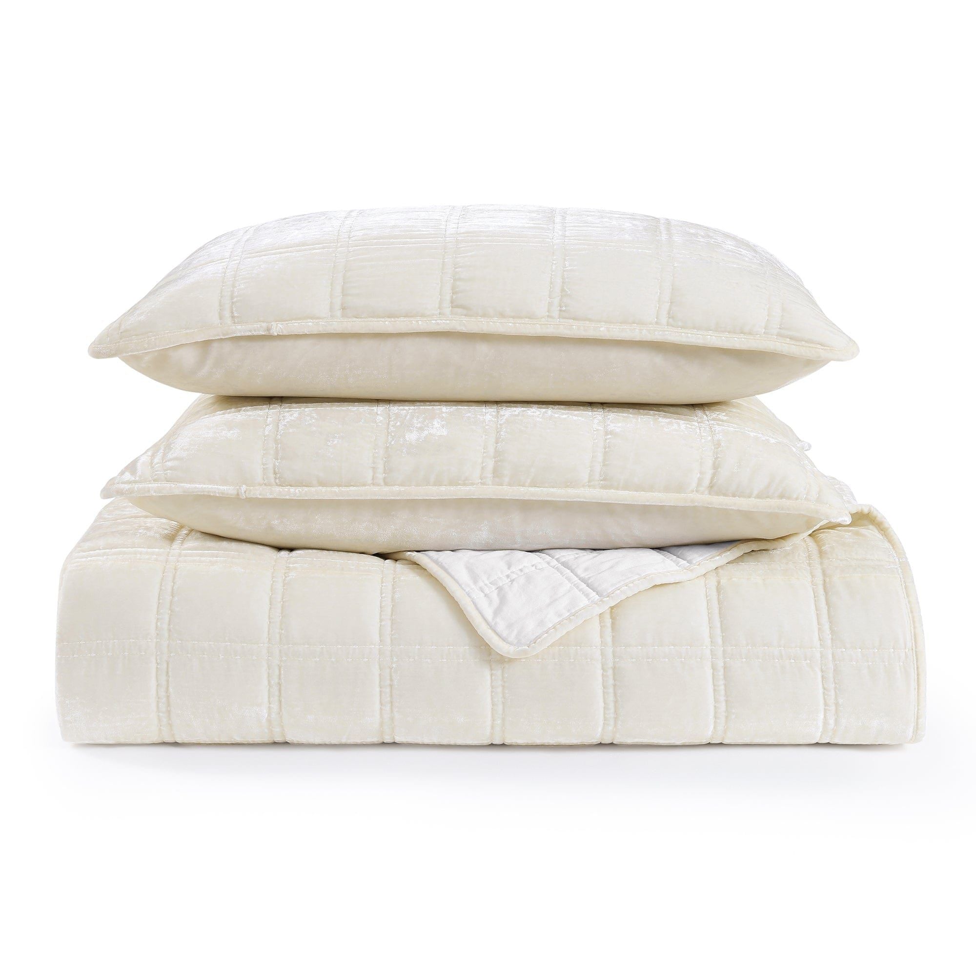 Stella - Full/Queen Faux Silk Velvet Double Box Stitch Quilt Set (Set of 3) - Stone