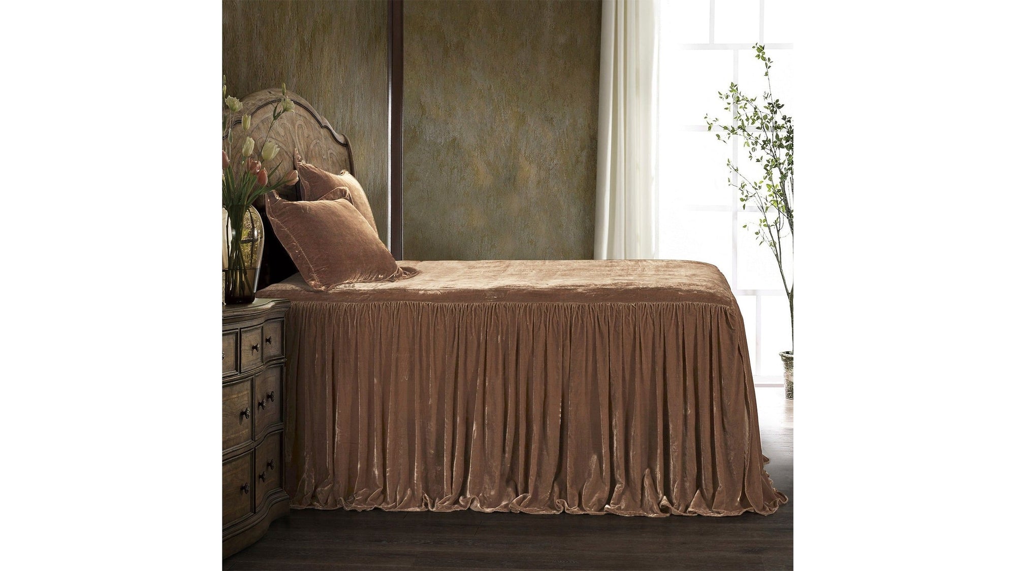 Stella - King Faux Silk Velvet Bedspread Set Set of 3 - Dusty Rose