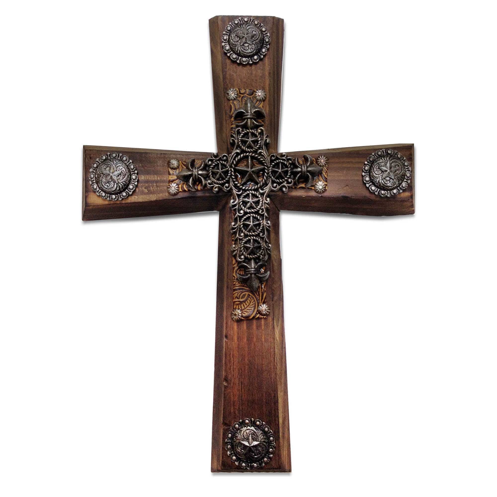Cross - 11.25" x 15.5" Wooden Cross Wall Décor With Star &amp; Concho Overlay 4 Per Carton - Brown