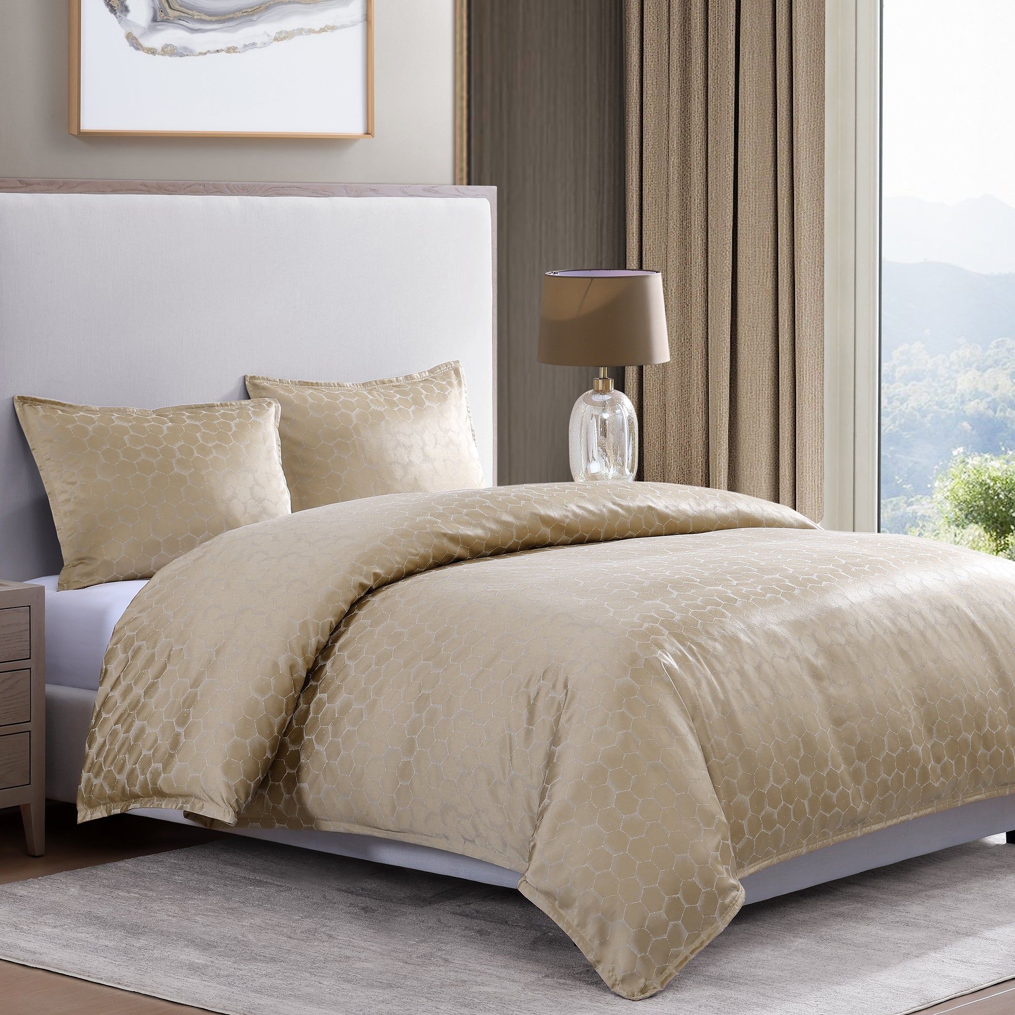 Honeycomb - Queen Jacquard Duvet Cover Set (Set of 3) - Light Gold