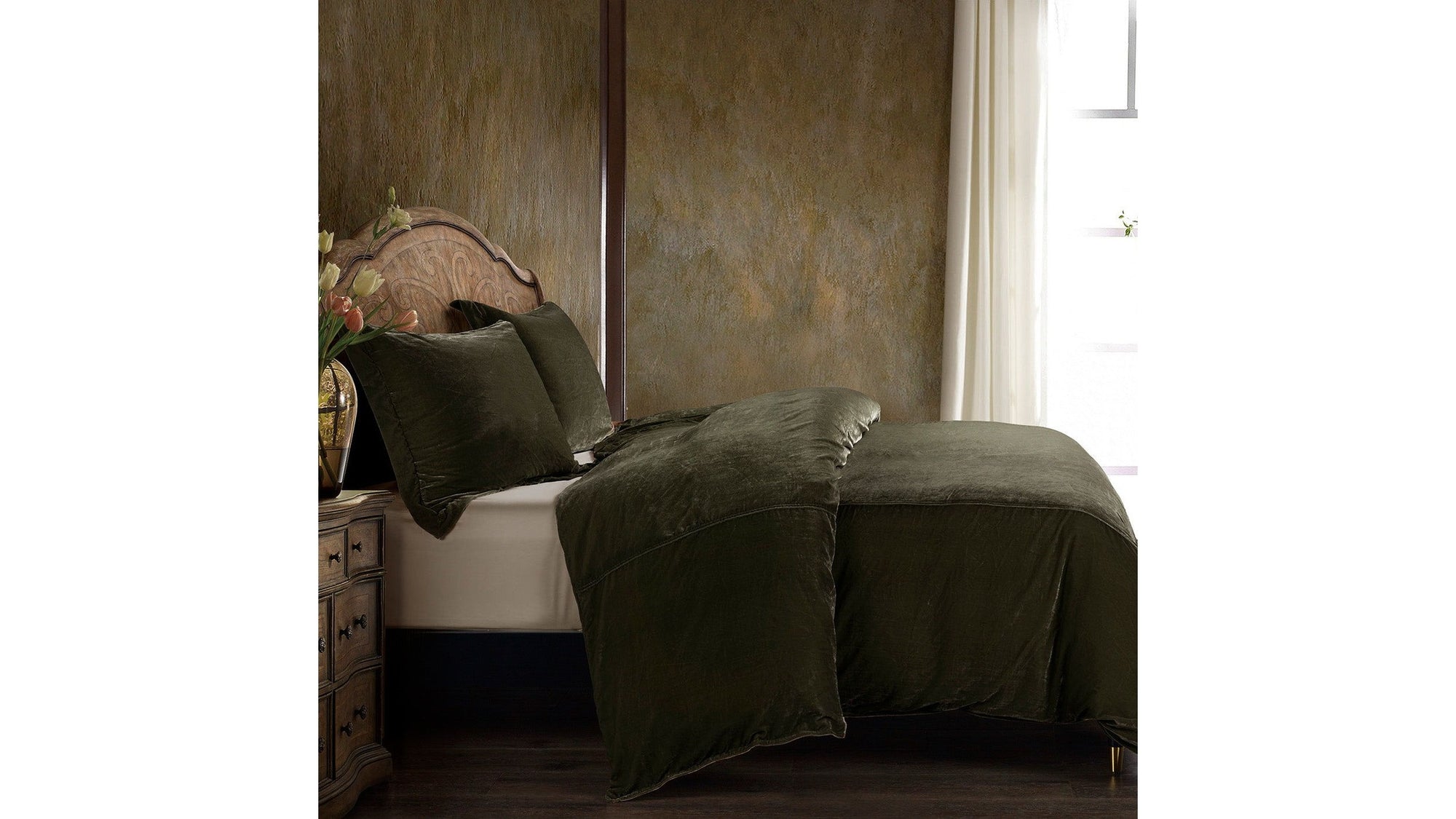 Stella - Queen Faux Silk Velvet Duvet Cover Set Set of 3 - Fern Green