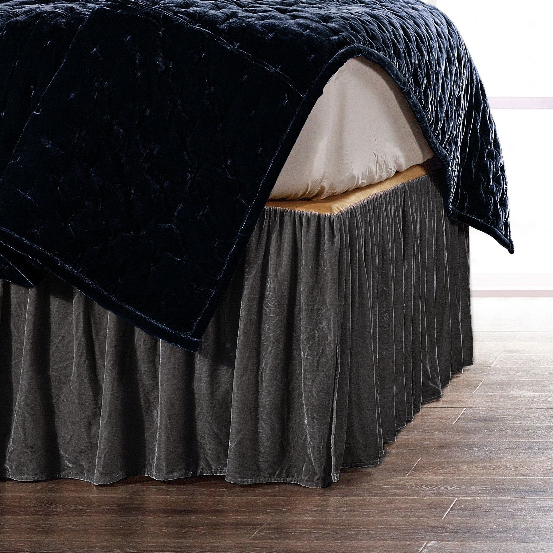 Stella - King Faux Silk Velvet Bed Skirt - Dark Slate