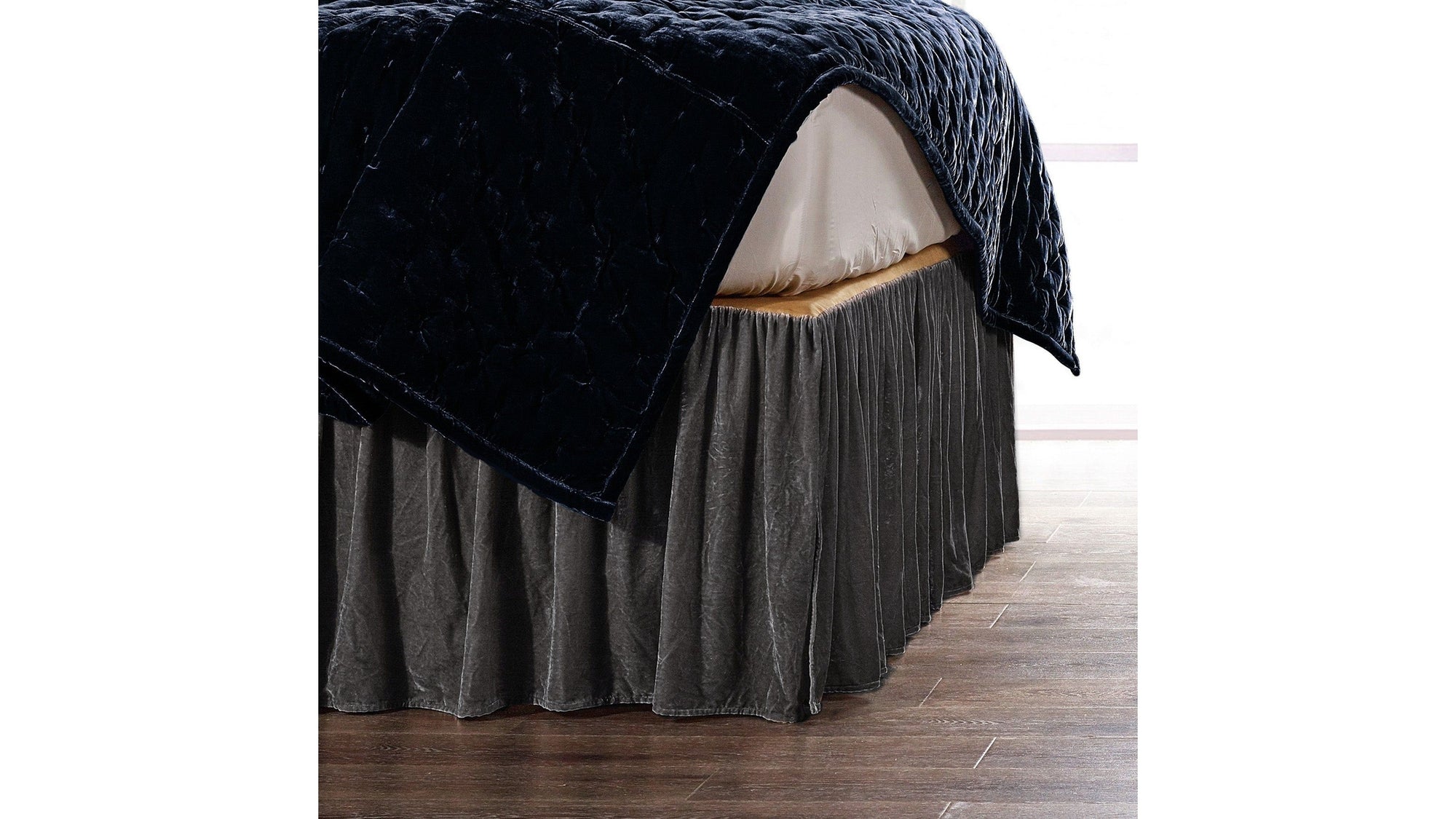Stella - King Faux Silk Velvet Bed Skirt - Dark Slate