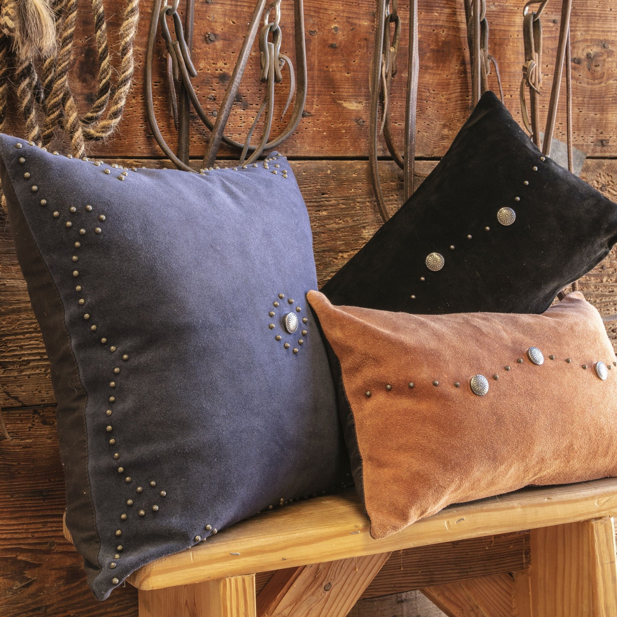 Western Suede Pillow - Western Suede Antique Silver Concho &amp; Studded Lumbar Pillow - Gray