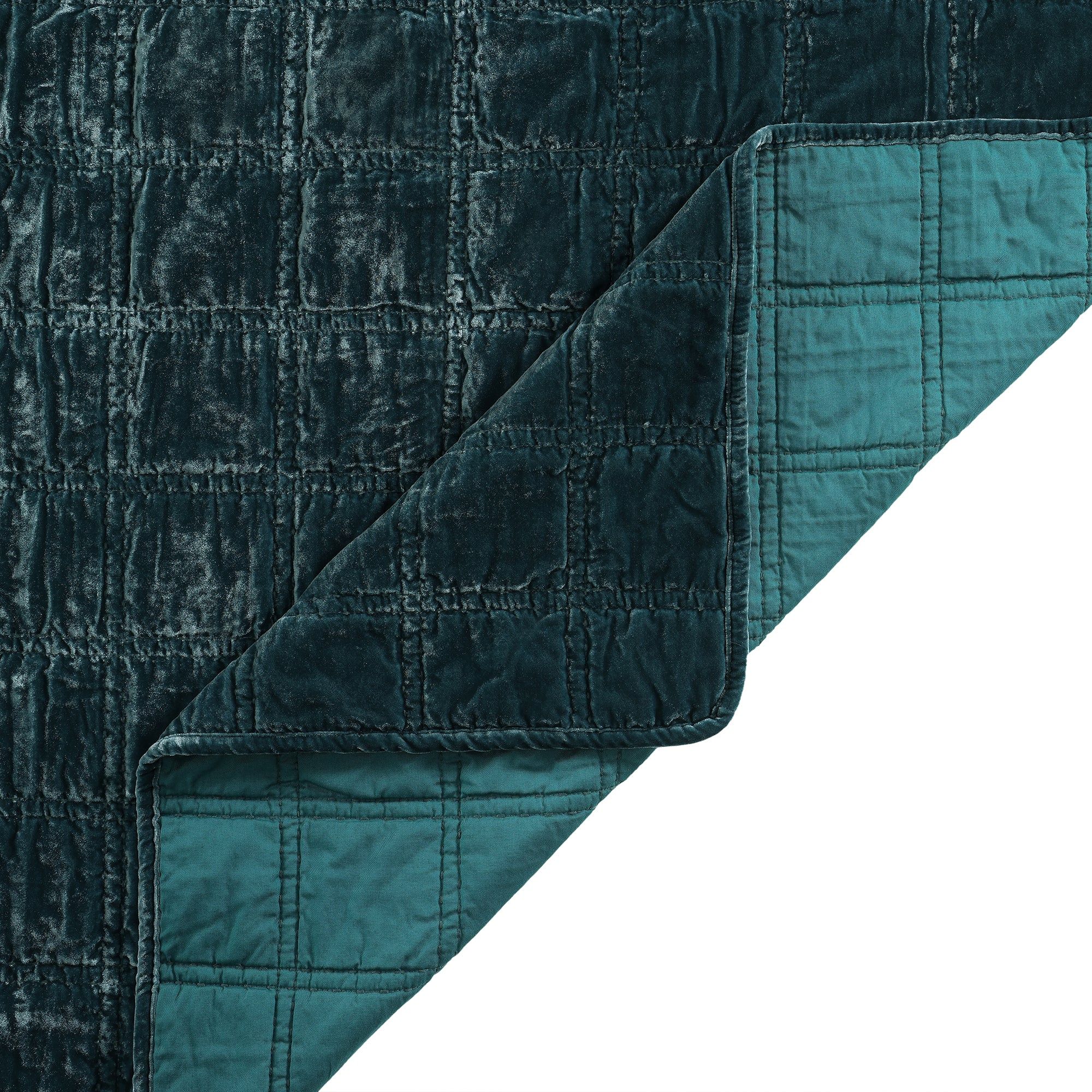 Stella - Full/Queen Faux Silk Velvet Double Box Stitch Quilt Set (Set of 3) - Storm Blue