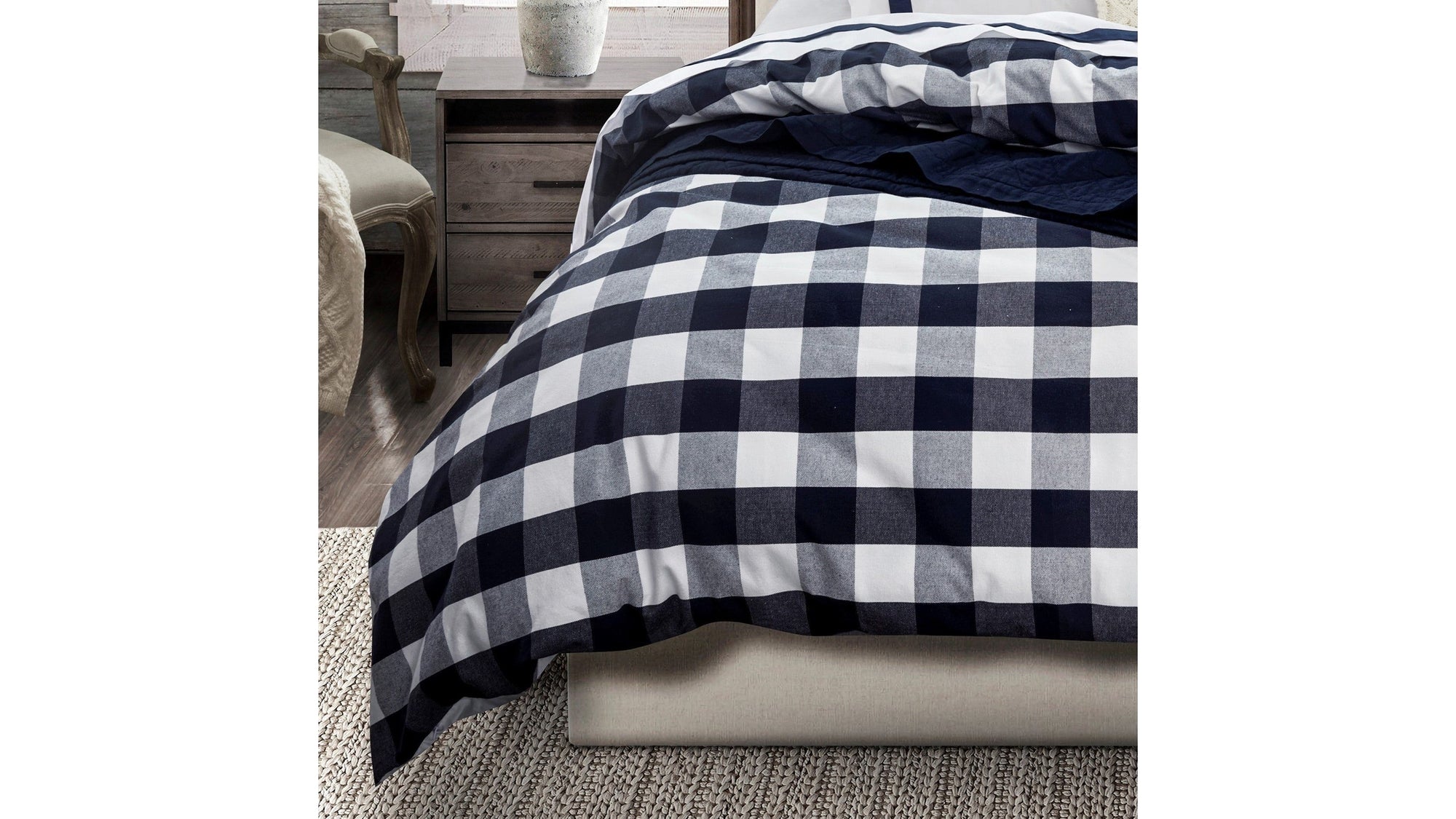 Camille - Queen Buffalo Check Duvet Cover Set Set of 3 - Navy