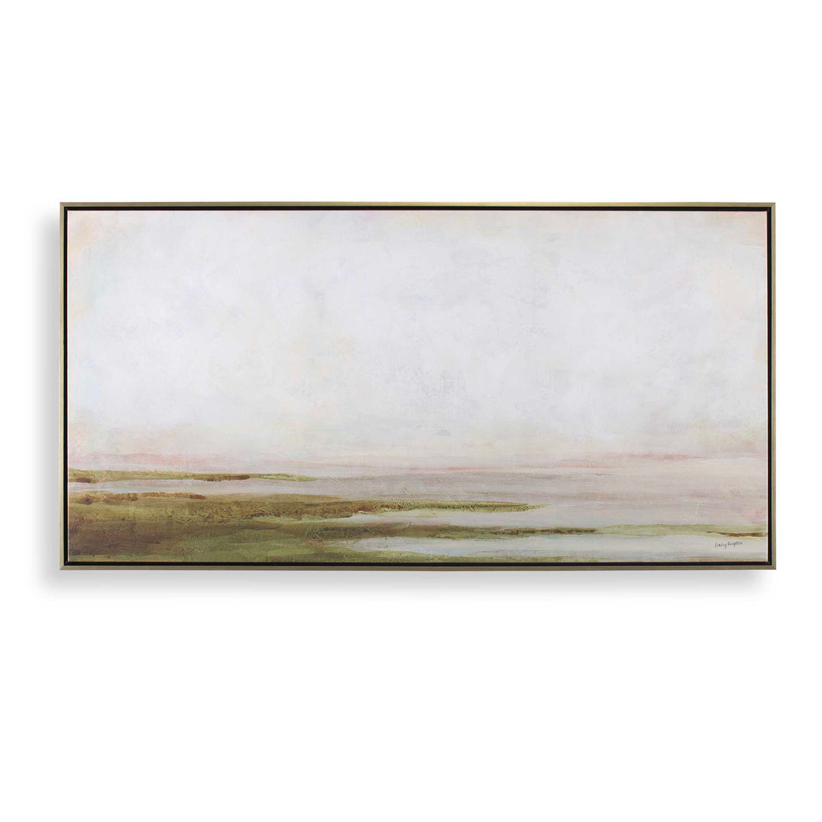 Hazy Lake - Framed Landscape Art - Gold / Gray / Green / Light Blue