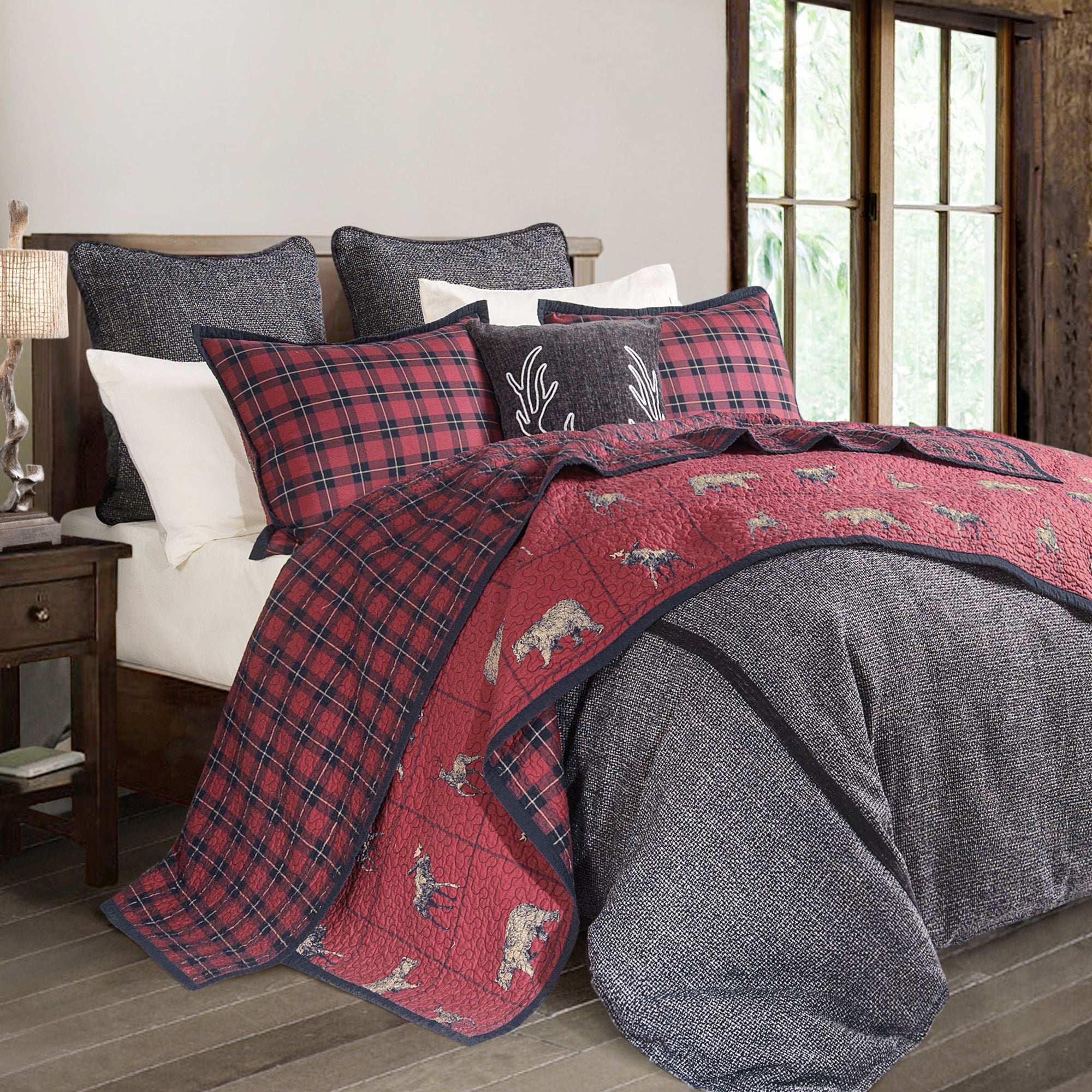 Woodland Plaid - King Reversible Quilt Set (Set of 3) - Red / Navy