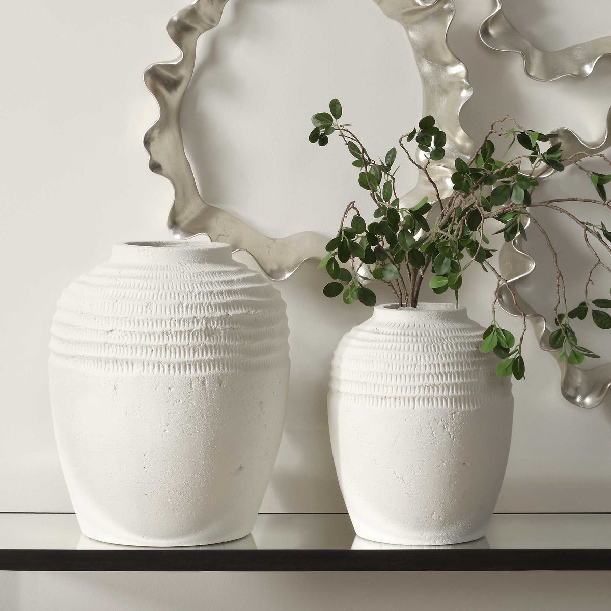 Luna - Ridge Ceramic Vases (Set of 2) - White